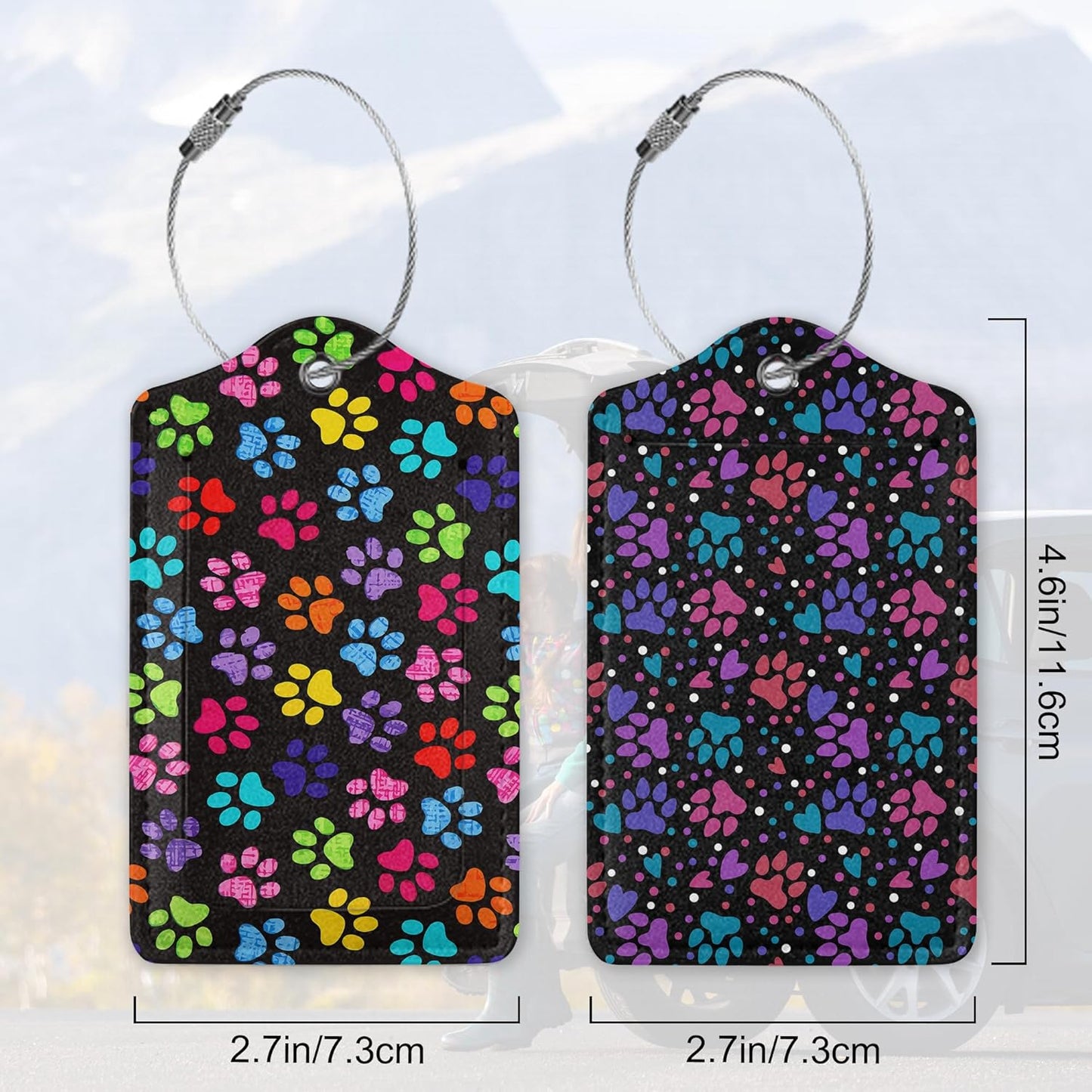 Set of 2 Luggage Tags for Suitcases, Colourful Cat Paw Leather Suitcase Tag Name Identifiers Labels for Travel Bag Baggage Backpack