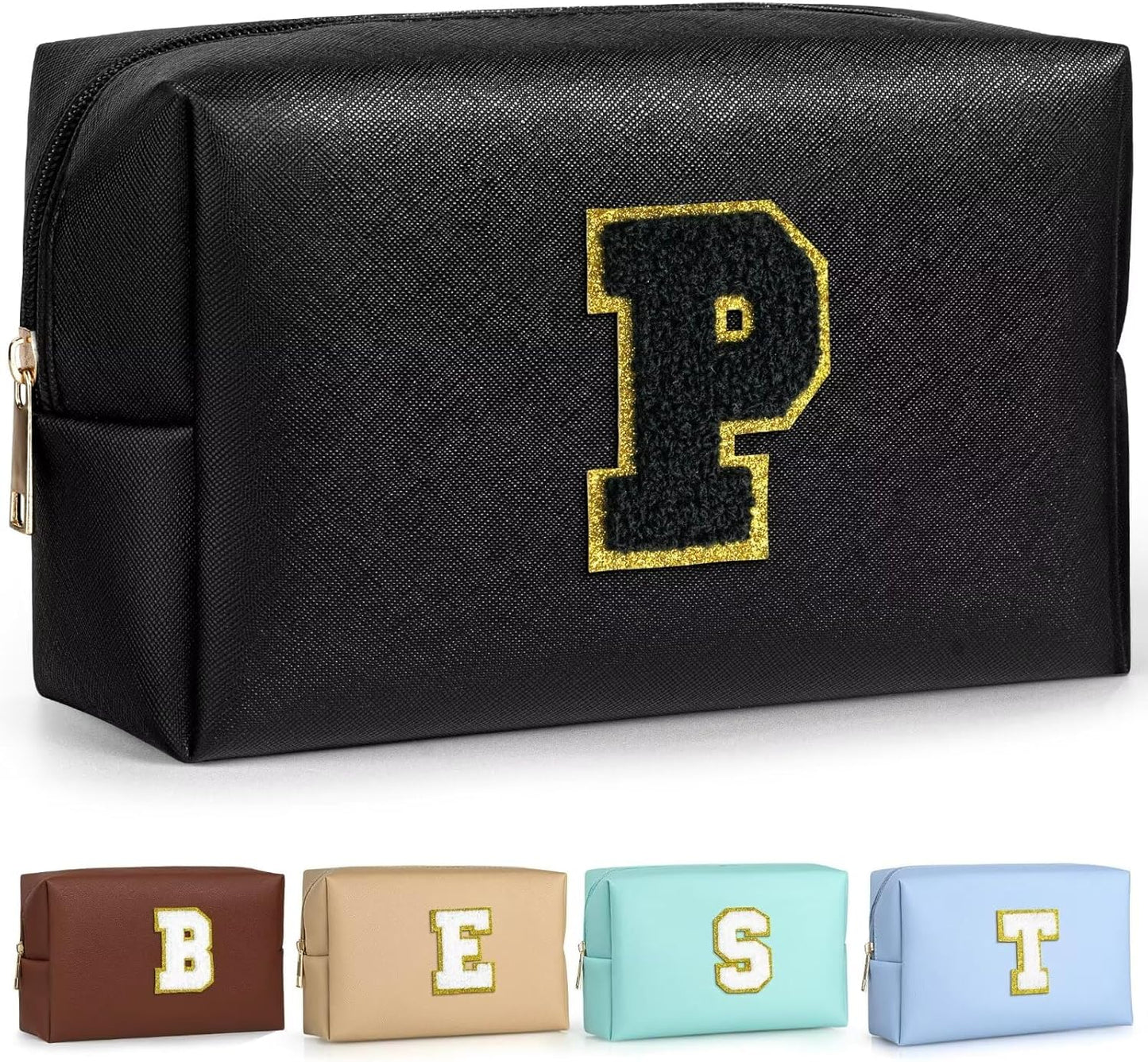 TOPEAST Personalized Makeup Bag, Chenille Letter Pouch Cosmetic Bag w Zipper, PU Leather Waterproof Toiletry Bag, Bridal Shower Gifts for Bridesmaids, Cute Stuff for Girls (Black P)