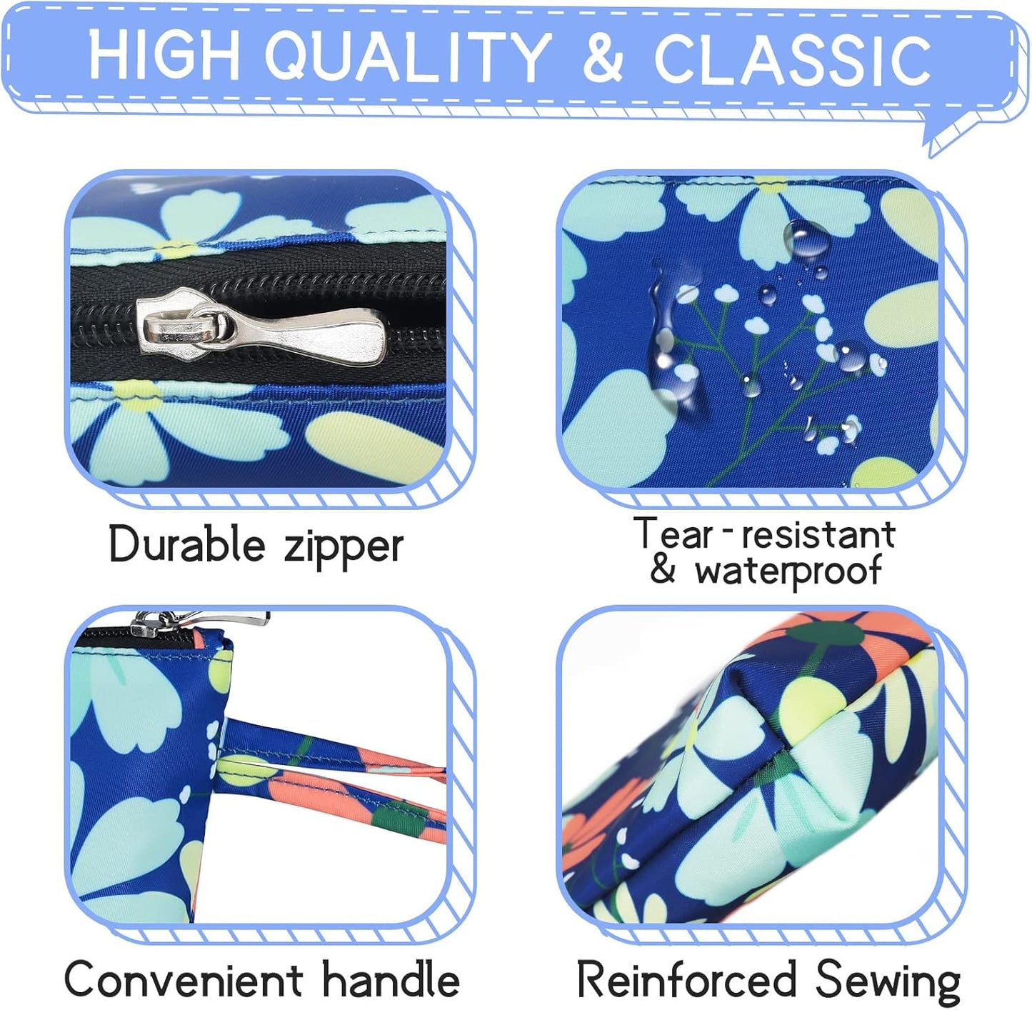 Gloppie Makeup Bag for Women Small Bag for Purse Tiny Travel Cosmetic Bag Zipper Makeup Pouch Klein Blue Flower