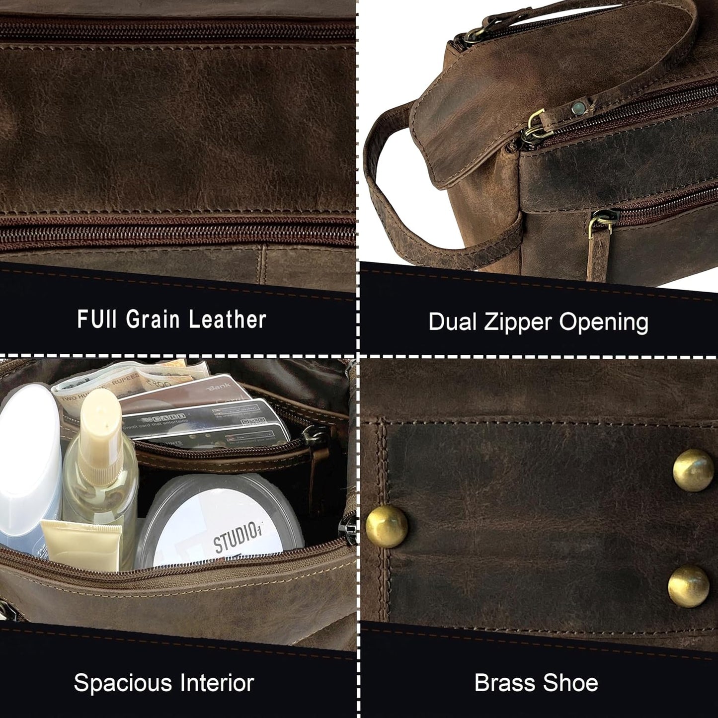 RUSTIC TOWN Buffalo Leather Toiletry Bag : Vintage Travel Shaving & Ditty Kit : for Toiletries, Cosmetics & More : Spacious Interior & Waterproof Lining : Compact, Fits Easily in Luggage