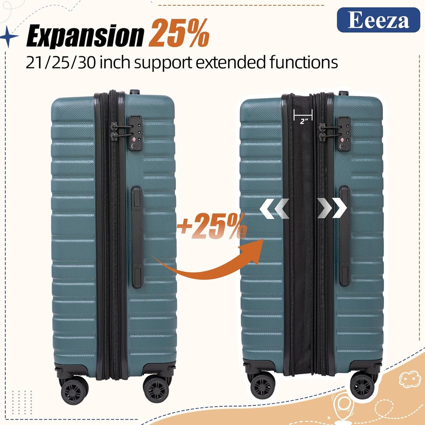 Expandable Luggage Sets 21"/25"/30" 5 Piece Luggage Set,Suitcase Sets with ABS Hard Shell Lightweight TSA Lock and Detachable Double Spinner Wheels(DarkGreen,BP/TB)