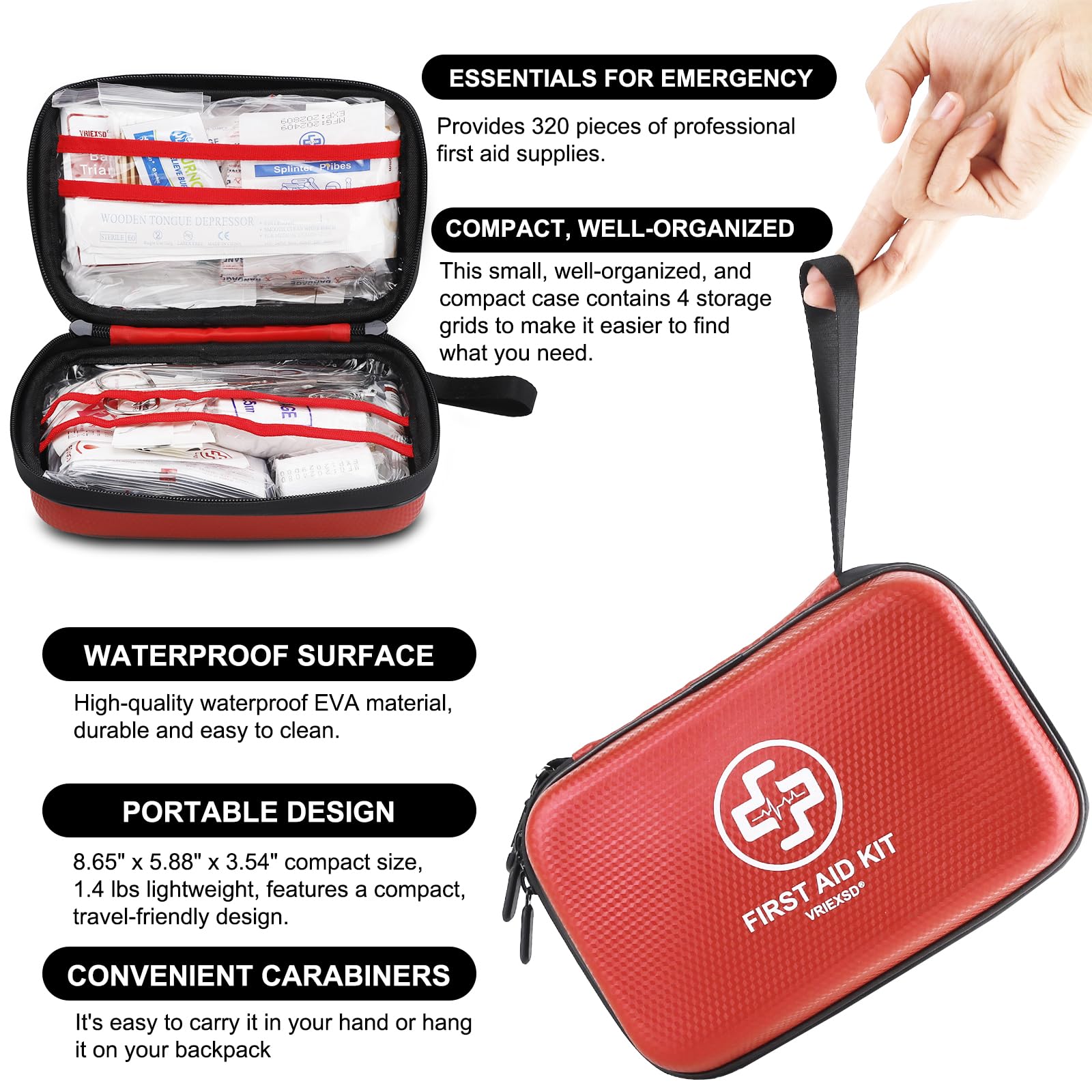 VRIEXSD Premium 320-Piece First Aid Kit, Waterproof EVA Hard Shell Case,Red