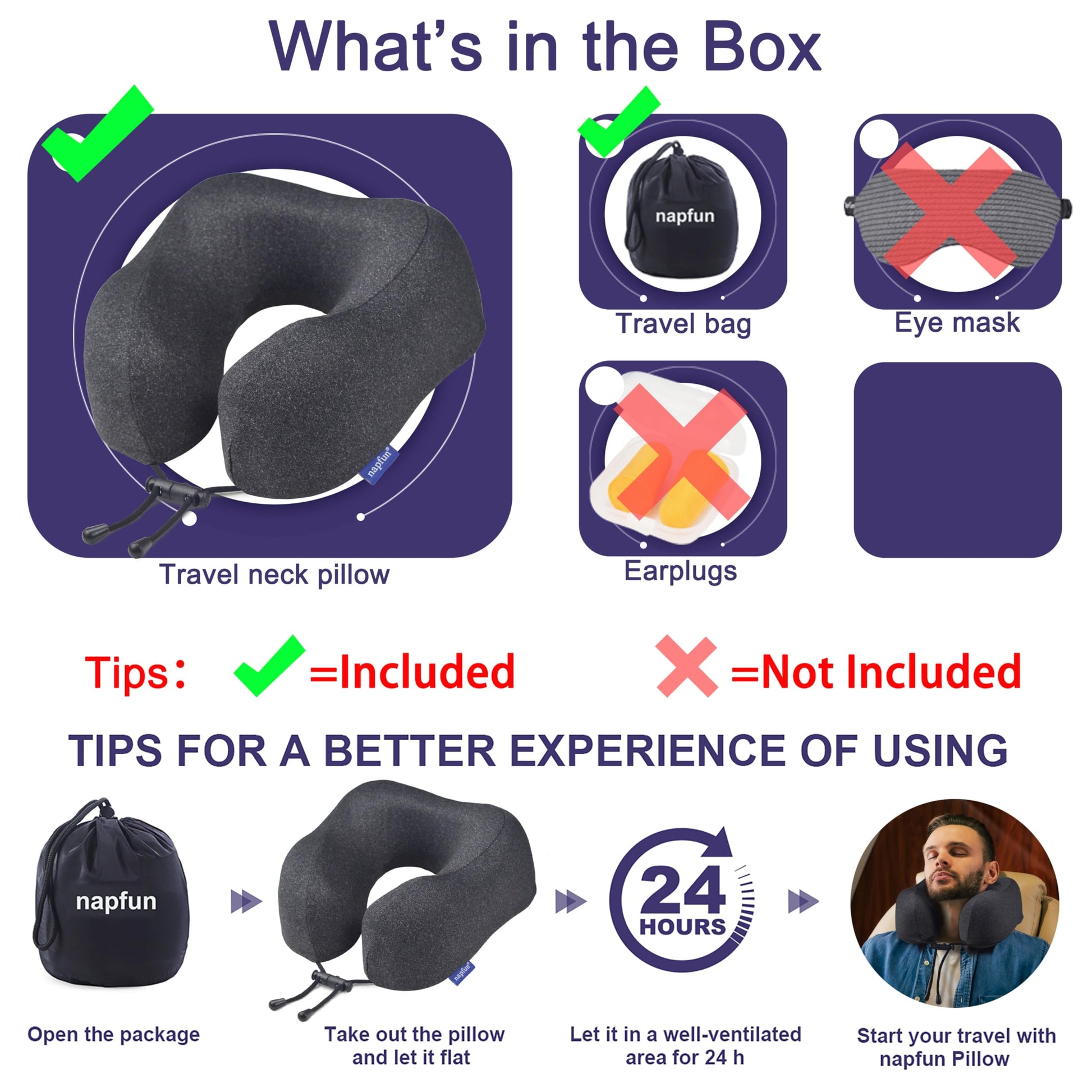 napfun Neck Pillow for Travel, Memory Foam Airplane Pillow, Full Black