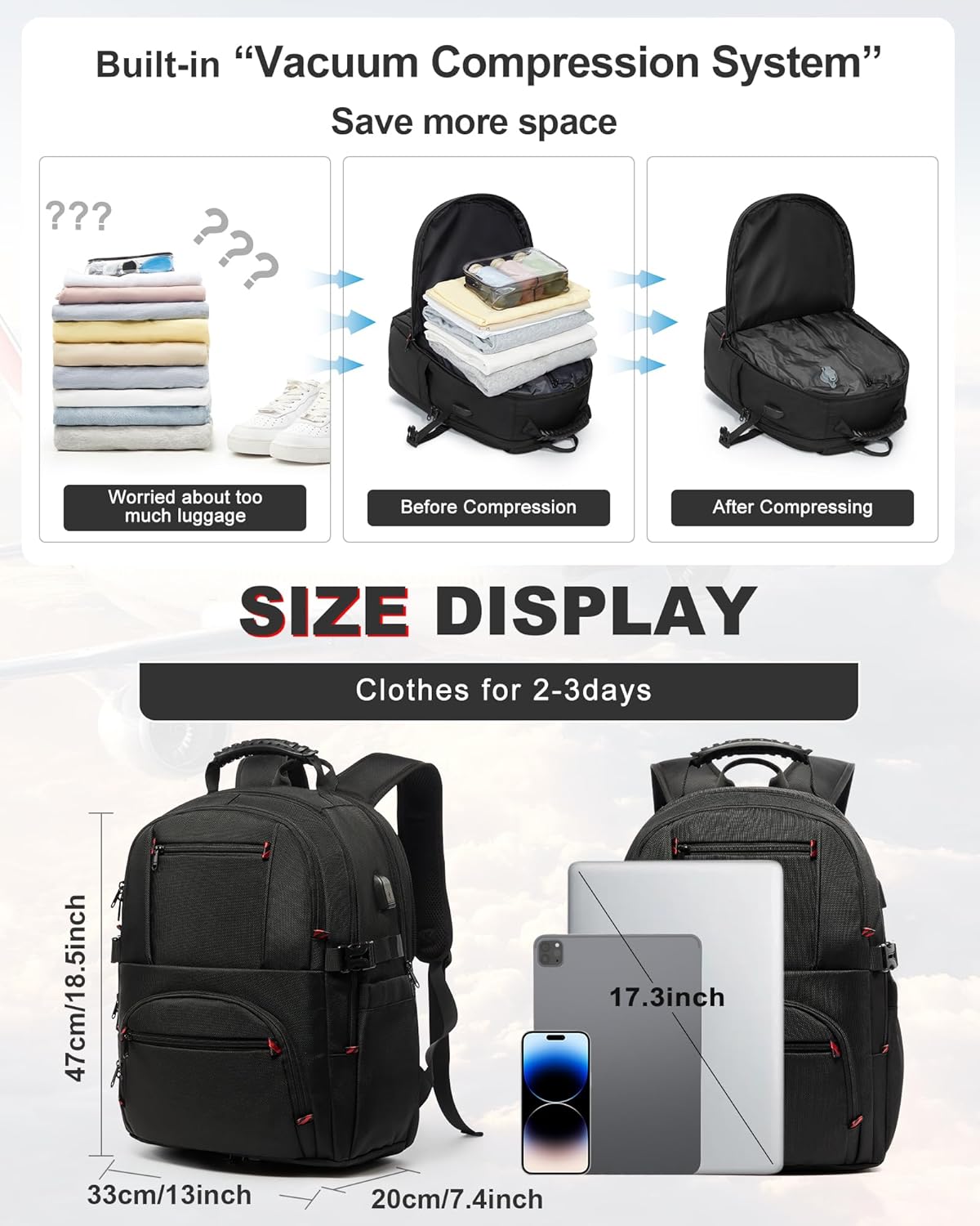 Vacuum Backpack Travel with Pump,Travel Backpack with Vacuum System,Mochila Compresion al vacio,18×14×8 inch Personal Item Bag Airlines Approved,Laptop Backpack,Black