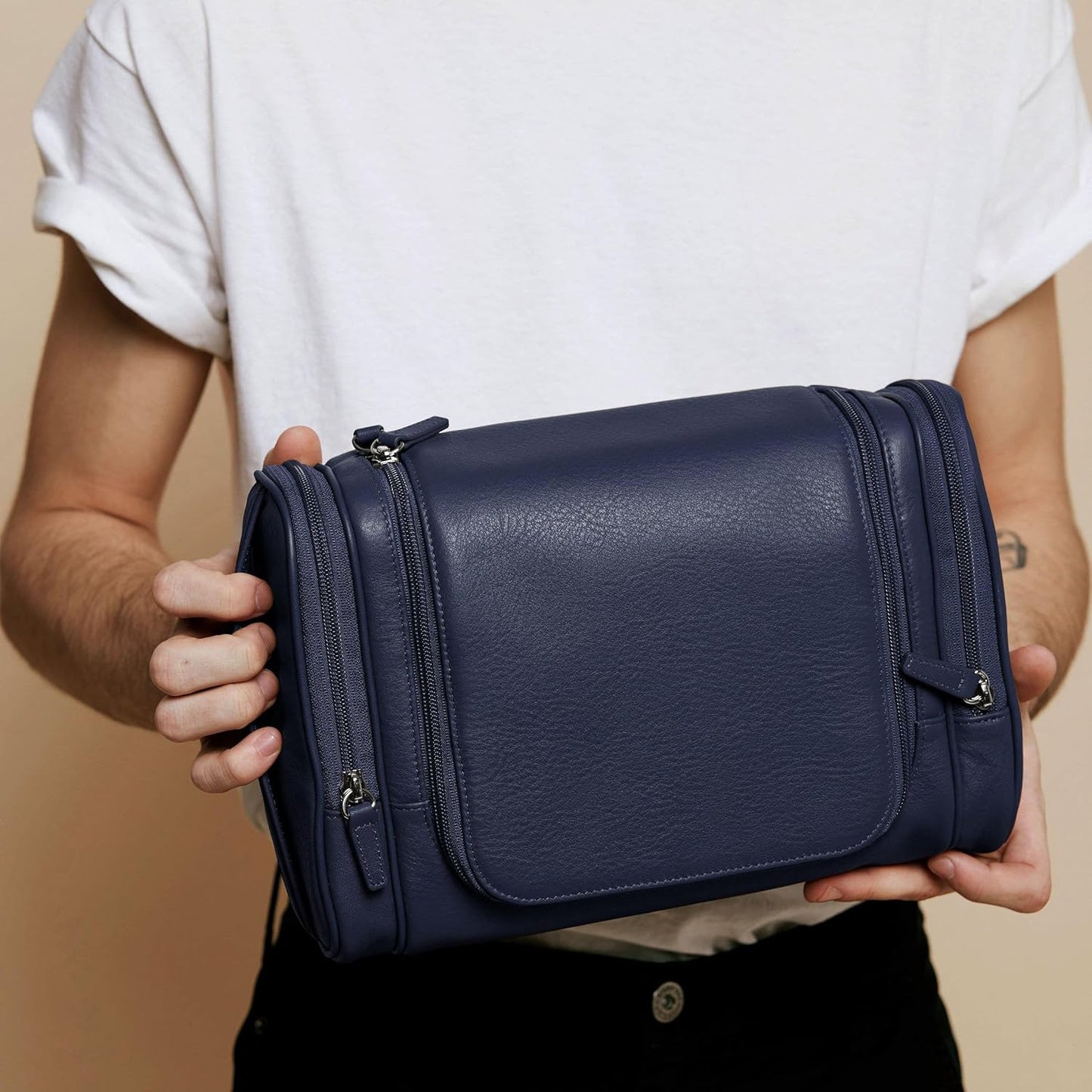 Leatherology Navy Blue Hanging Toiletry Kit – Full Grain Leather Travel Organizer with Hanger and Multiple Storage Compartments