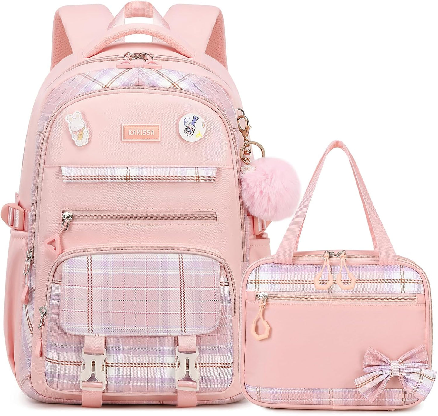 Girls Backpack, 2pcs Set Kawaii Kids Backpack with Insulated Lunch Box Bag Girls Bookbag School Bag for Age 6-12 Years Old, Pink Plain
