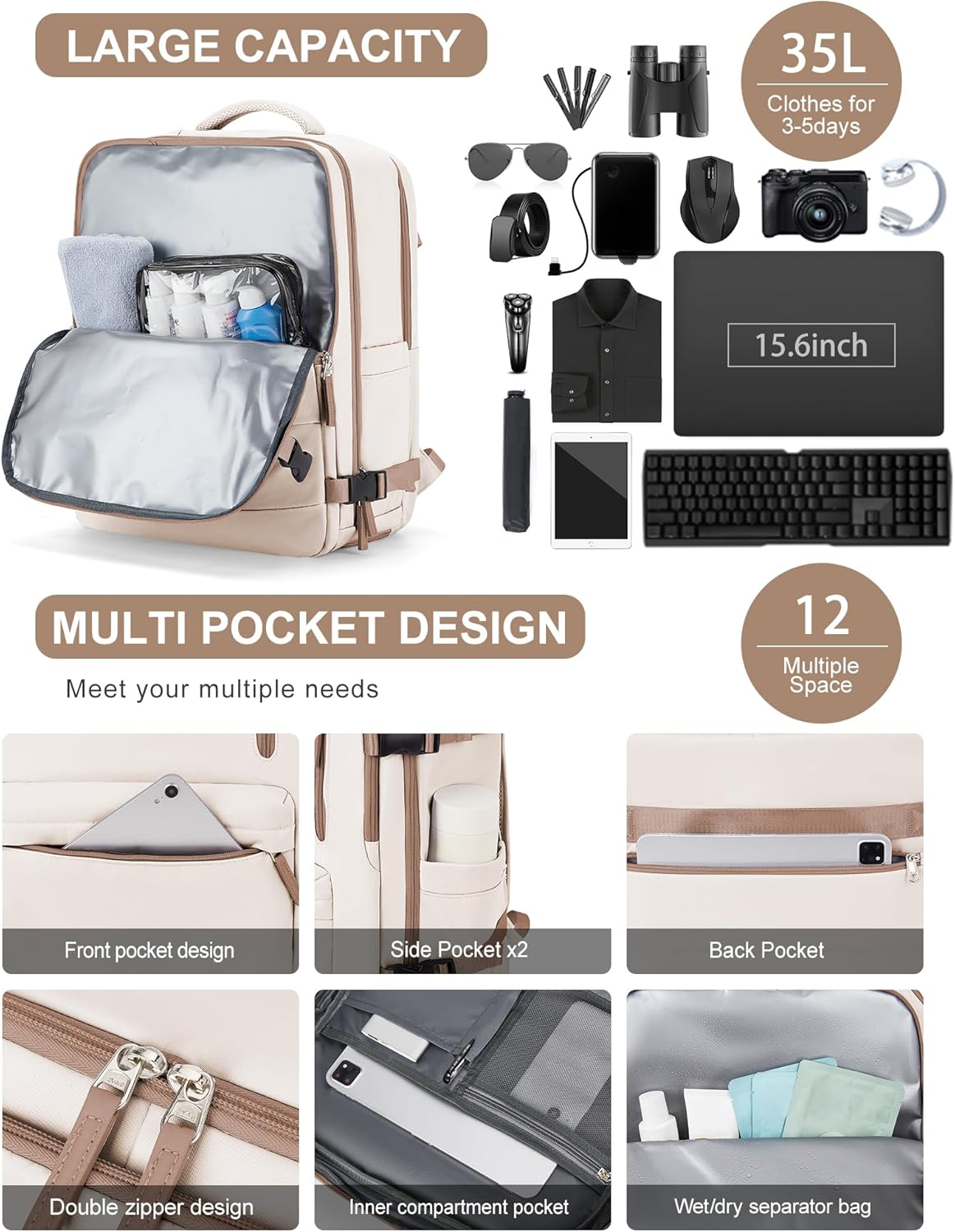 VGCUB Lightweight Travel Backpack for Women Men,Carry on Flight Approved Luggage,Water Resistant Laptop College Work Backpack Personal Item Daypack bag Mochila de Viaje,Beige with Brown