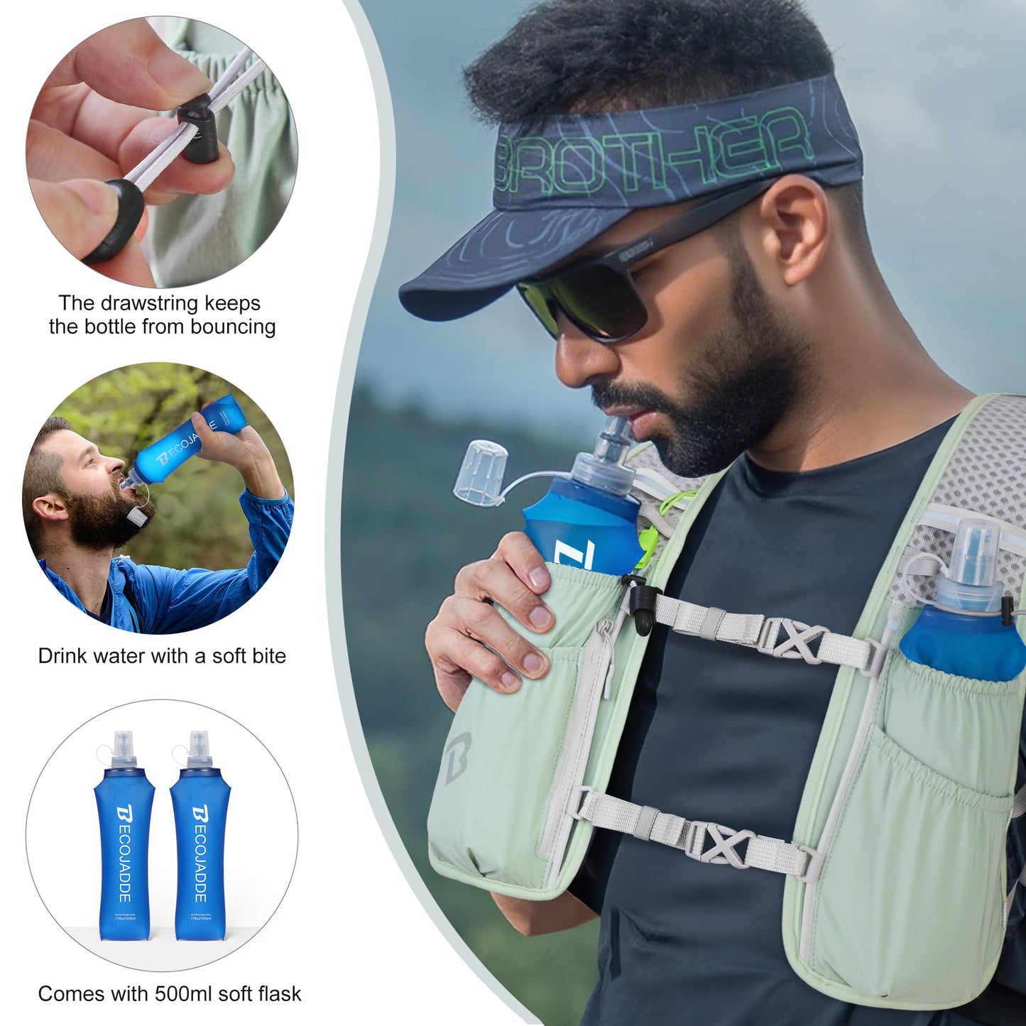 BECOJADDE Running Vest Hydration Backpack with Two 500ML Soft Water Bottles for Men Women, 5L