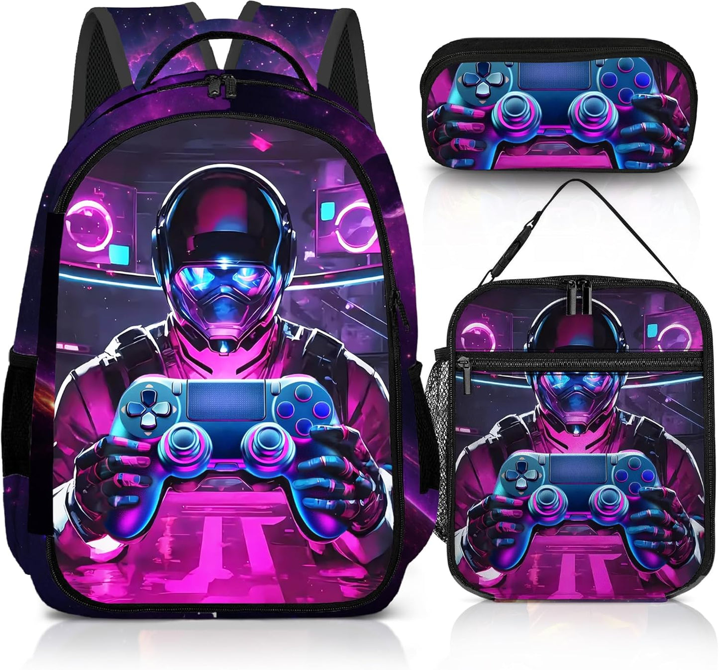 Game Backpack Set for Boys, Gaming Backpack 3 Pack, Boys Lunch Box, and Pencil Bag for Kids, 17"