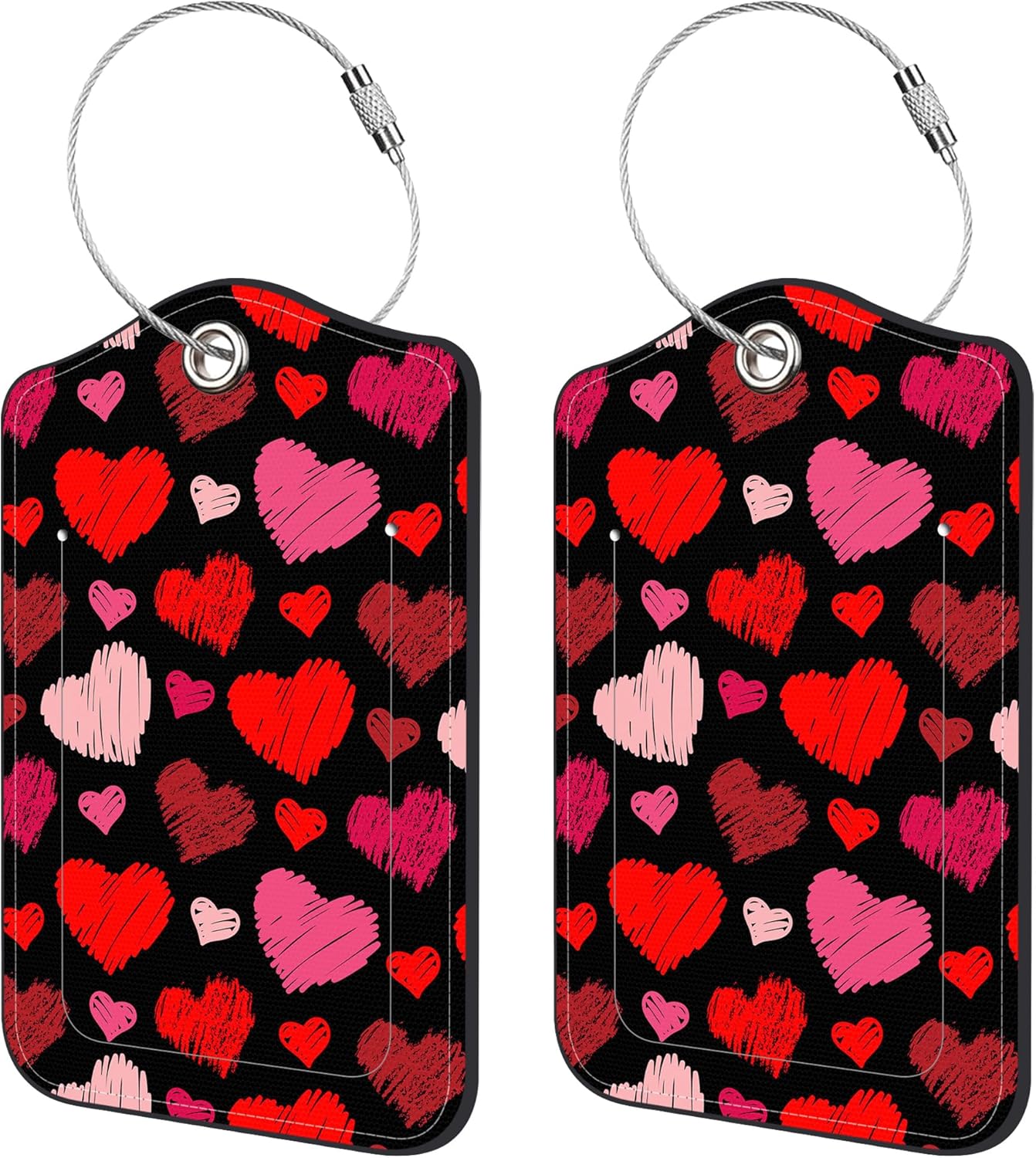 2 Pack Luggage Tags,Red Hearts PU Leather Idea Baggage Tag with ID Labels Privacy Cover Metal Ring Men and Women Travel Bag Labels
