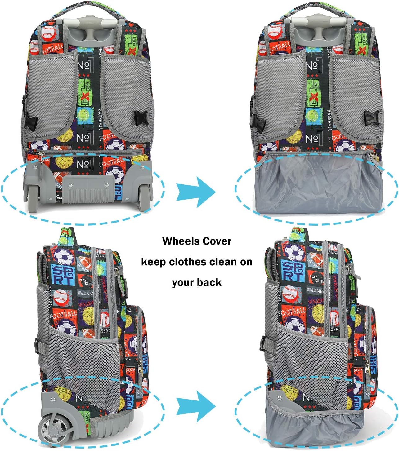 Tilami Rolling Backpack 19 inch with Lunch Bag Wheeled Laptop Backpack, Sport Balls