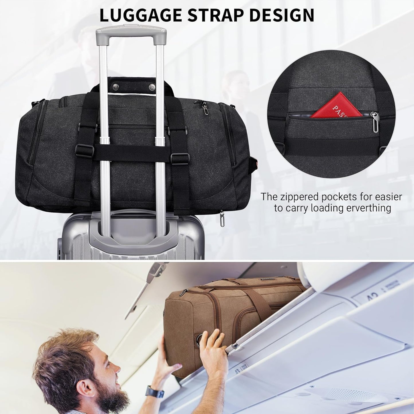 WITZMAN Canvas Duffel Bags for Men Traveling 3 in 1 Backpack Carry-on 40L Weekender Overnight Bag with Shoe Compartment(A8006/2 Black)