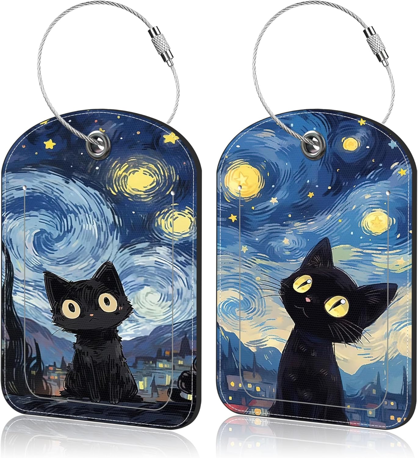 Black Cat Sky Leather Luggage Tag for Suitcase 2 Pack Luggage Tag with Privacy Name ID Label and Stainless Steel Loop for Travel Bag Suitcase