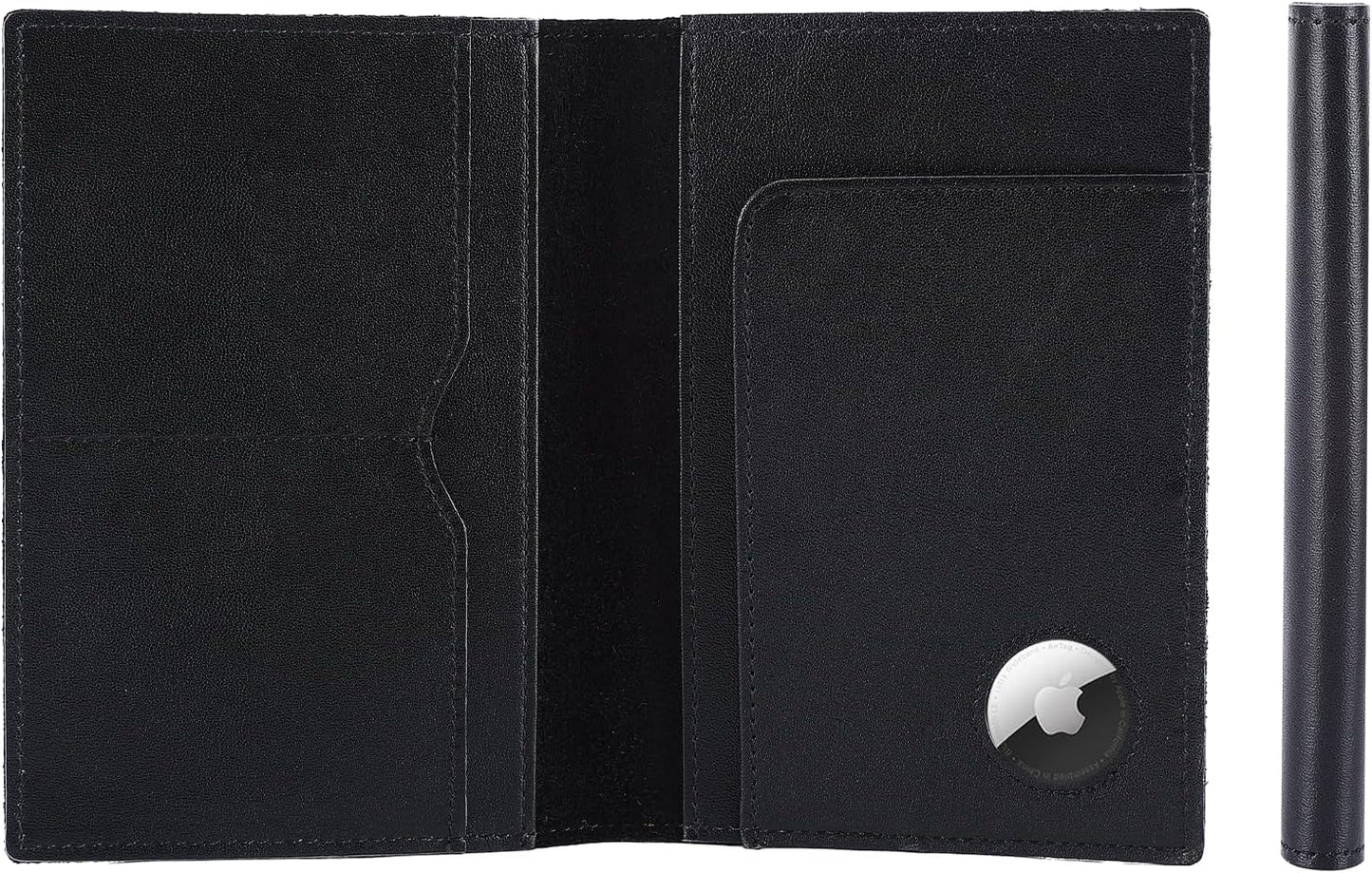 STAR VISTA Albatross Leather Travel Passport Holder, Minimalist Design, Calfskin Leather Case for Women and Men - Slim Passport Wallet, Bifold, RFID Blocking, with AirTag Holder, Black