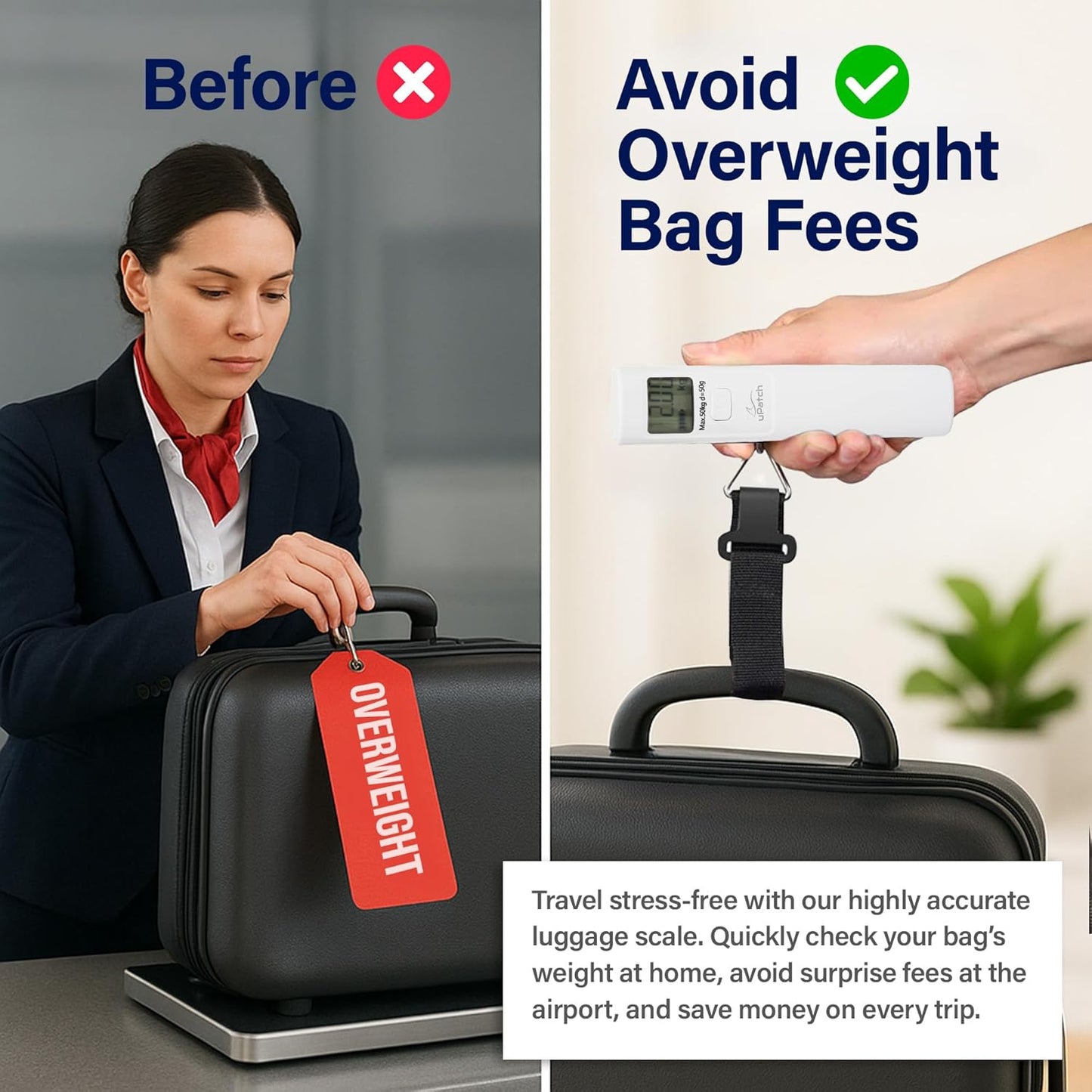 Luggage Scale, Battery Free (Shake to Charge) Digital Travel Weigher, 110 lb / 50 kg Capacity, Portable Handheld Suitcase and Baggage Weigher with LCD Display, Tare, Auto Off, Airline Travel