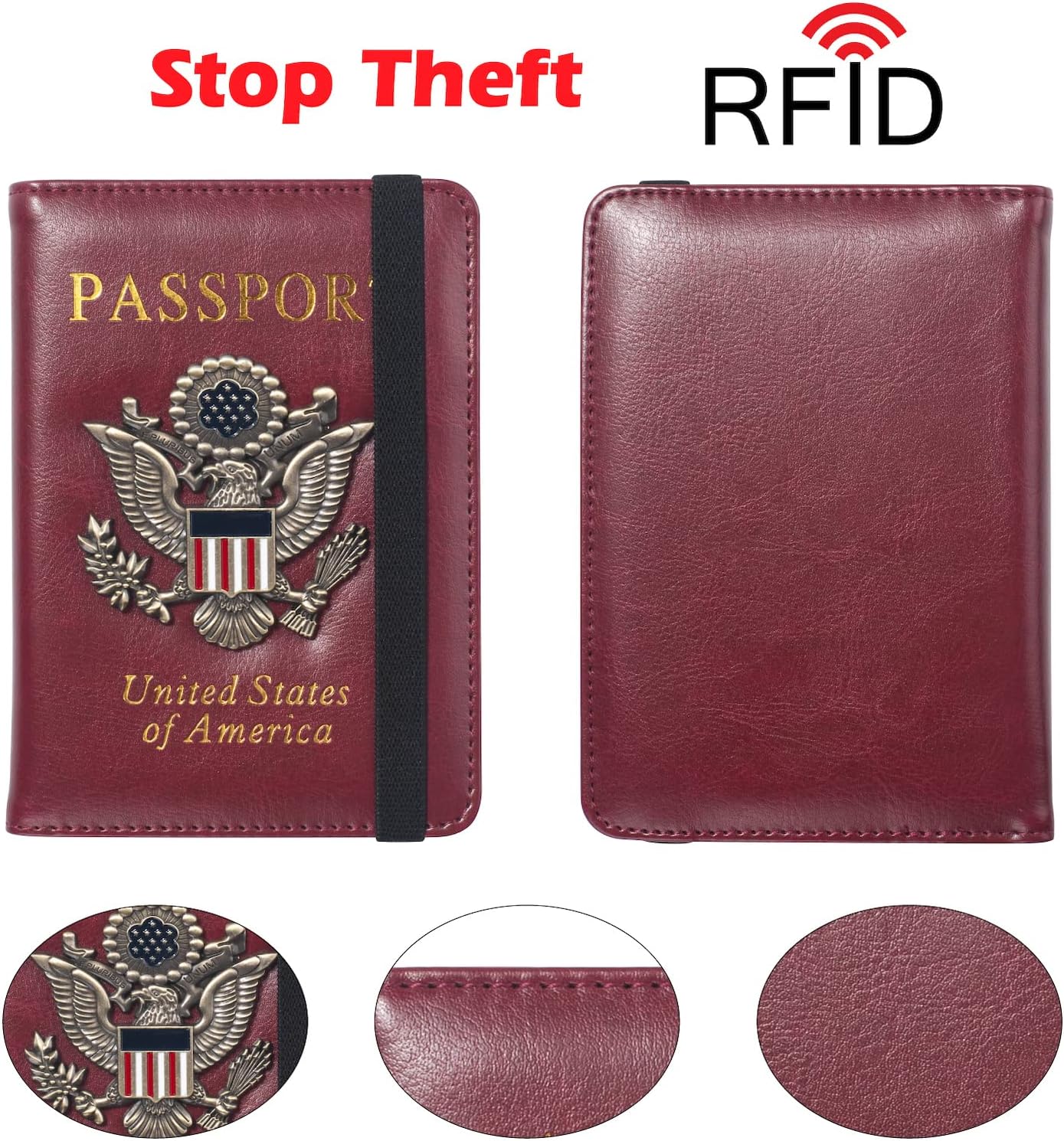 Passport Holder for Travel Passport Cover for Men Passport Wallet Case With 3D Metal Badge Protector Leather Card Case RFID Blocking Women Travel Accessories Document Organizer (Wine Red)