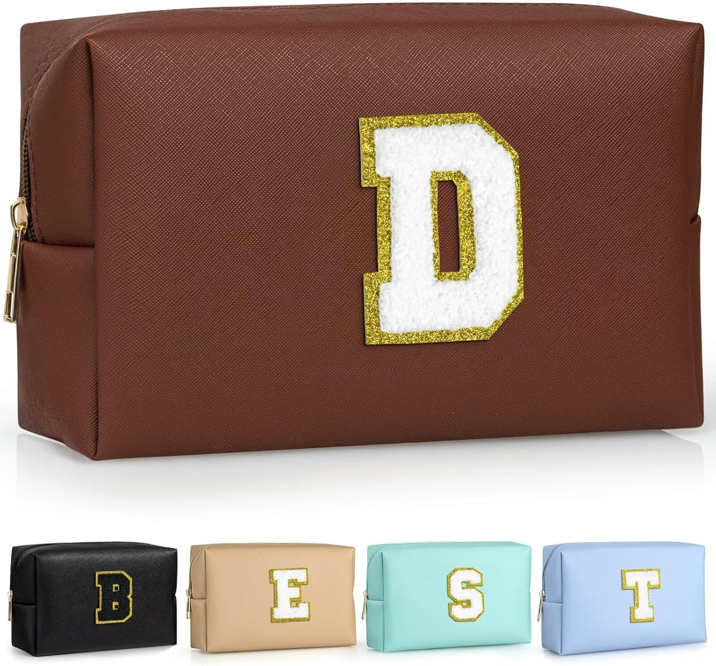 TOPEAST Preppy Small Makeup Bag, Chenille Letter Pouch Cosmetic Bag With Zipper, PU Leather Waterproof Toiletry Bag, Personalized Birthday Gift for Women, Cute Stuff for Girls (Brown D)