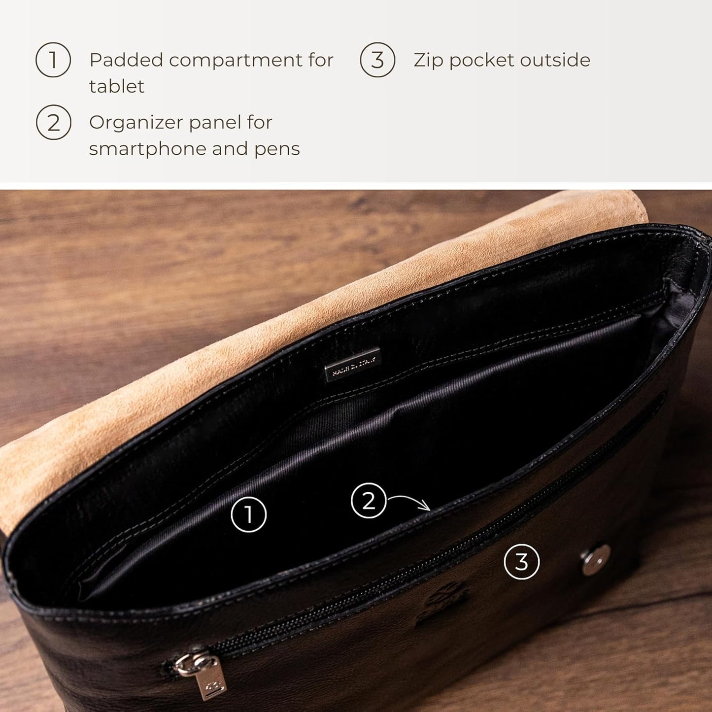 Time Resistance Leather Messenger Bag for Men - Crossbody Bag - Full Grain Leather - Tablet Sized Shoulder Bag