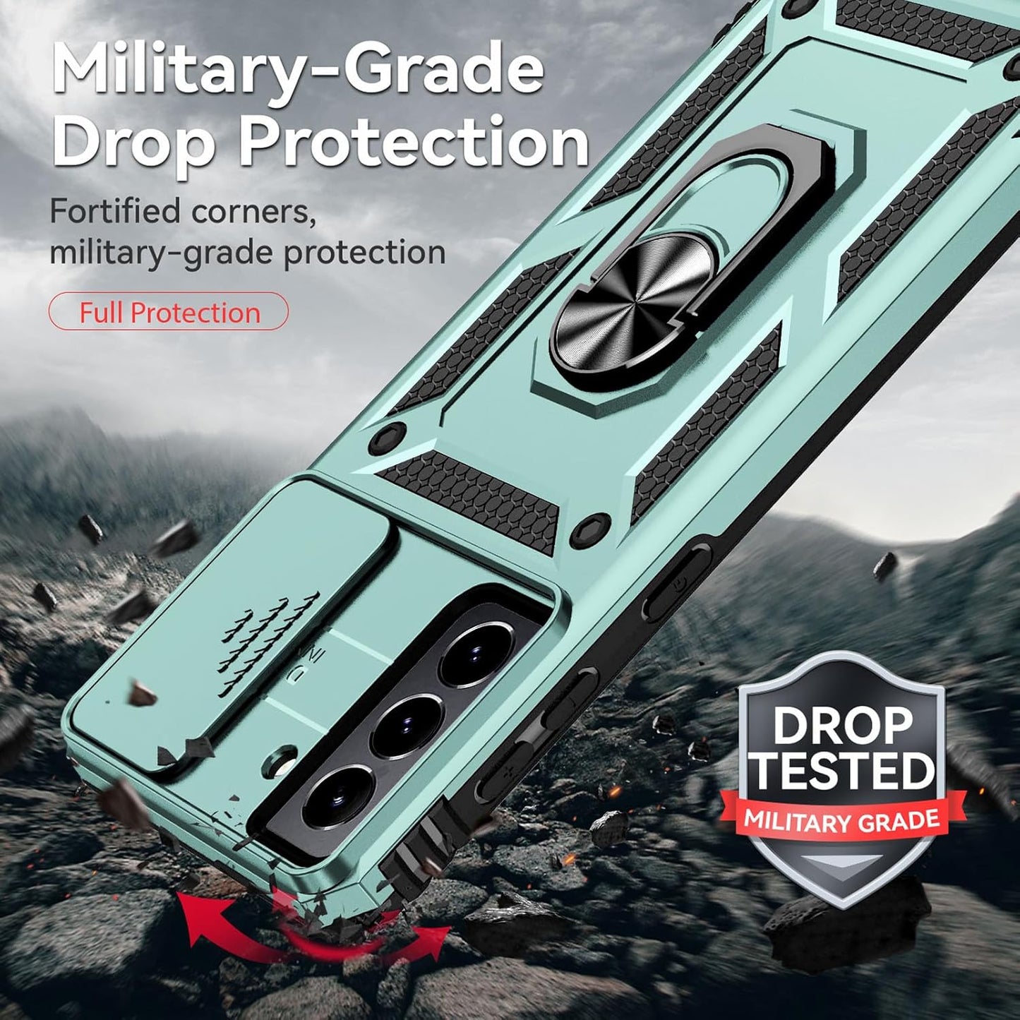 for Samsung S21 FE Case with Screen Protector: [Military Grade 20ft. Drop Tested] Ring Shockproof Protective Phone Case for -Samsung Galaxy S21 FE (Dark Green)