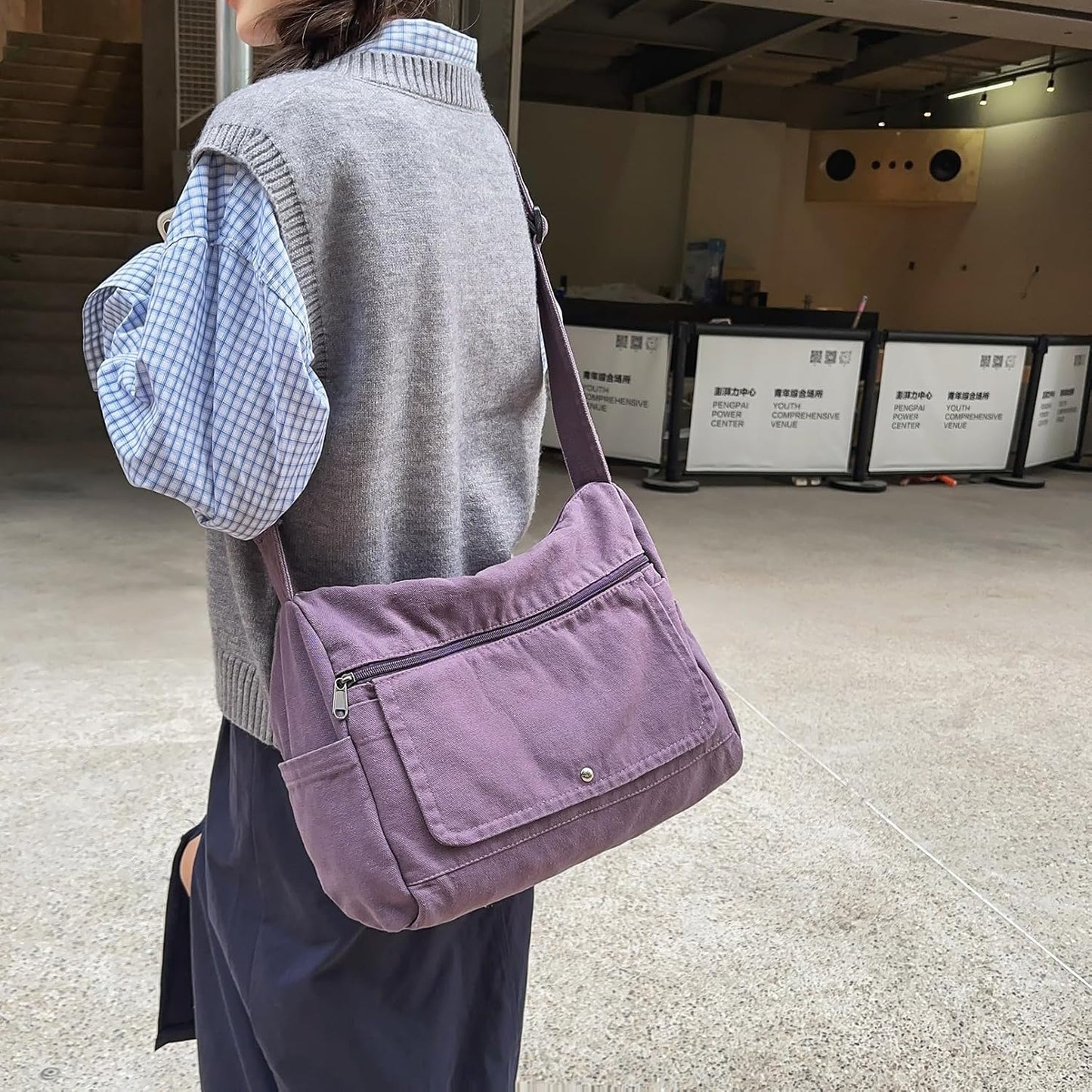Canvas Messenger Bag for Women Hobo Crossbody Shoulder Bag Vintage Satchel Tote Handbag with Multiple Pockets