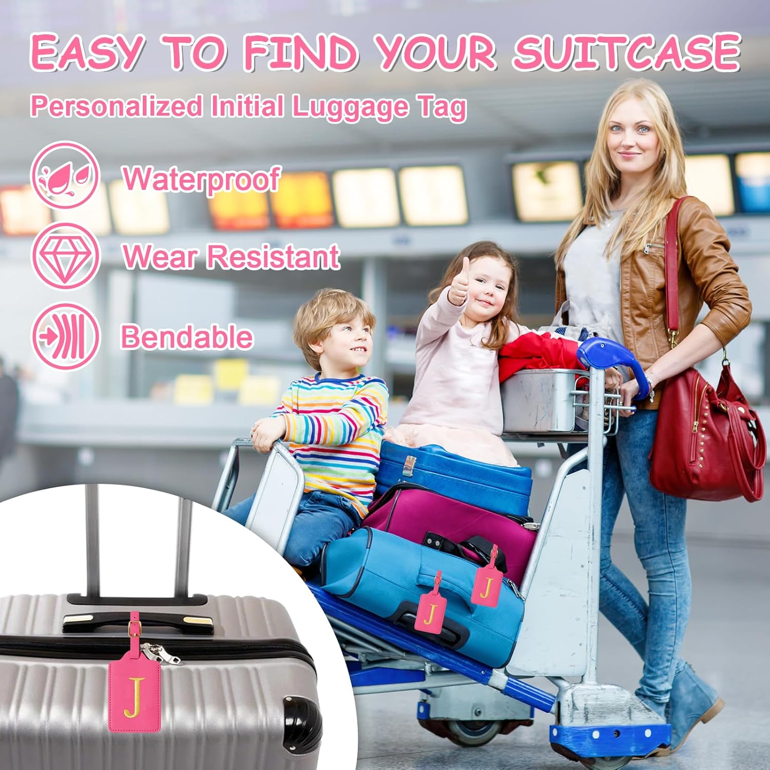 Personalized Initial Luggage Tags for Suitcases, Cute PU Leather Embroidered Letter Travel Luggage