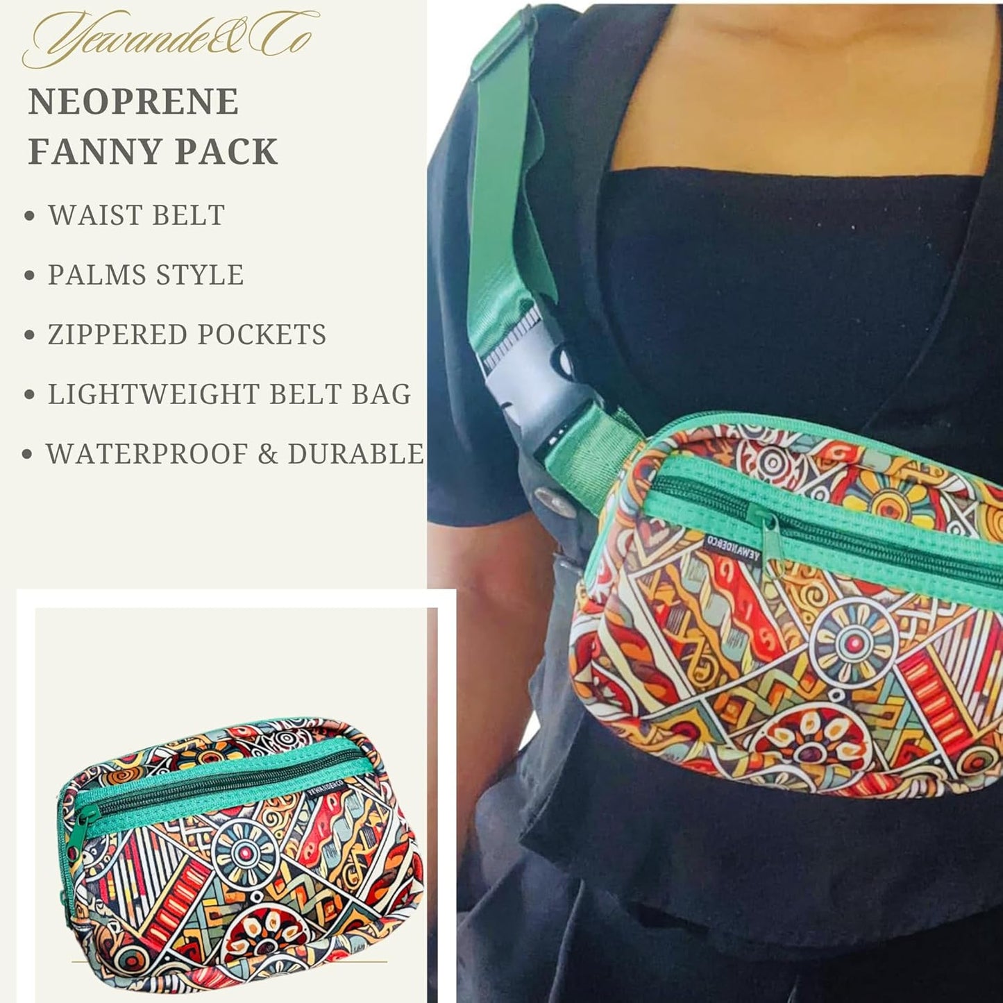 Yewande&co Neoprene Fanny Pack Belt Bag – Lightweight Waterproof Waist Bag with Adjustable Strap, 3 Zippered Pockets, Crossbody Belt Bag for Travel, African Design Crossbody Bags (Petals)