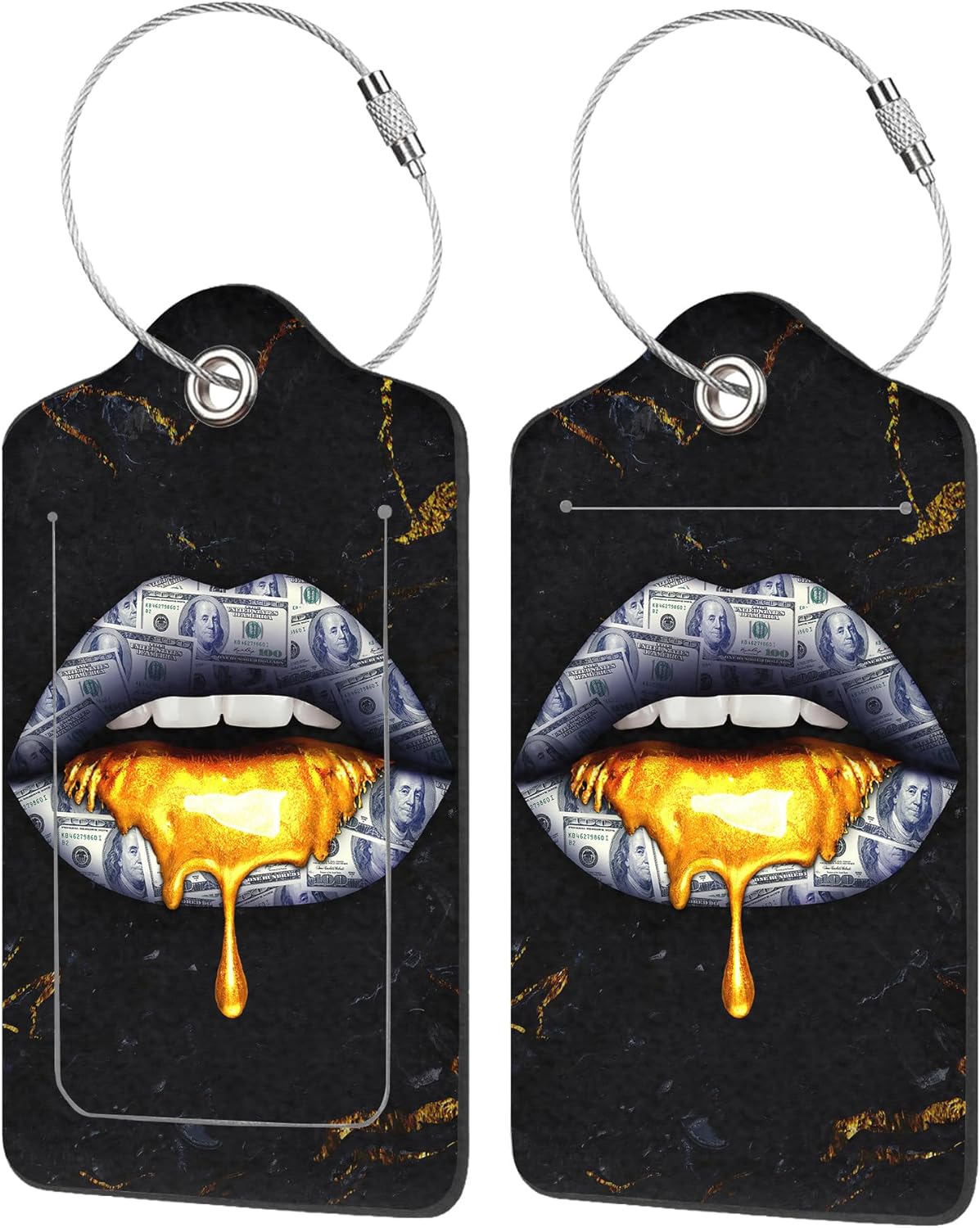 2 Pack Luggage Tags for Suitcases,Gold Lip Luggage Tag,PU Leather Id Label Luggage Tags with Stainless Steel Loop and Privacy Cover for Women Men Teens Travel