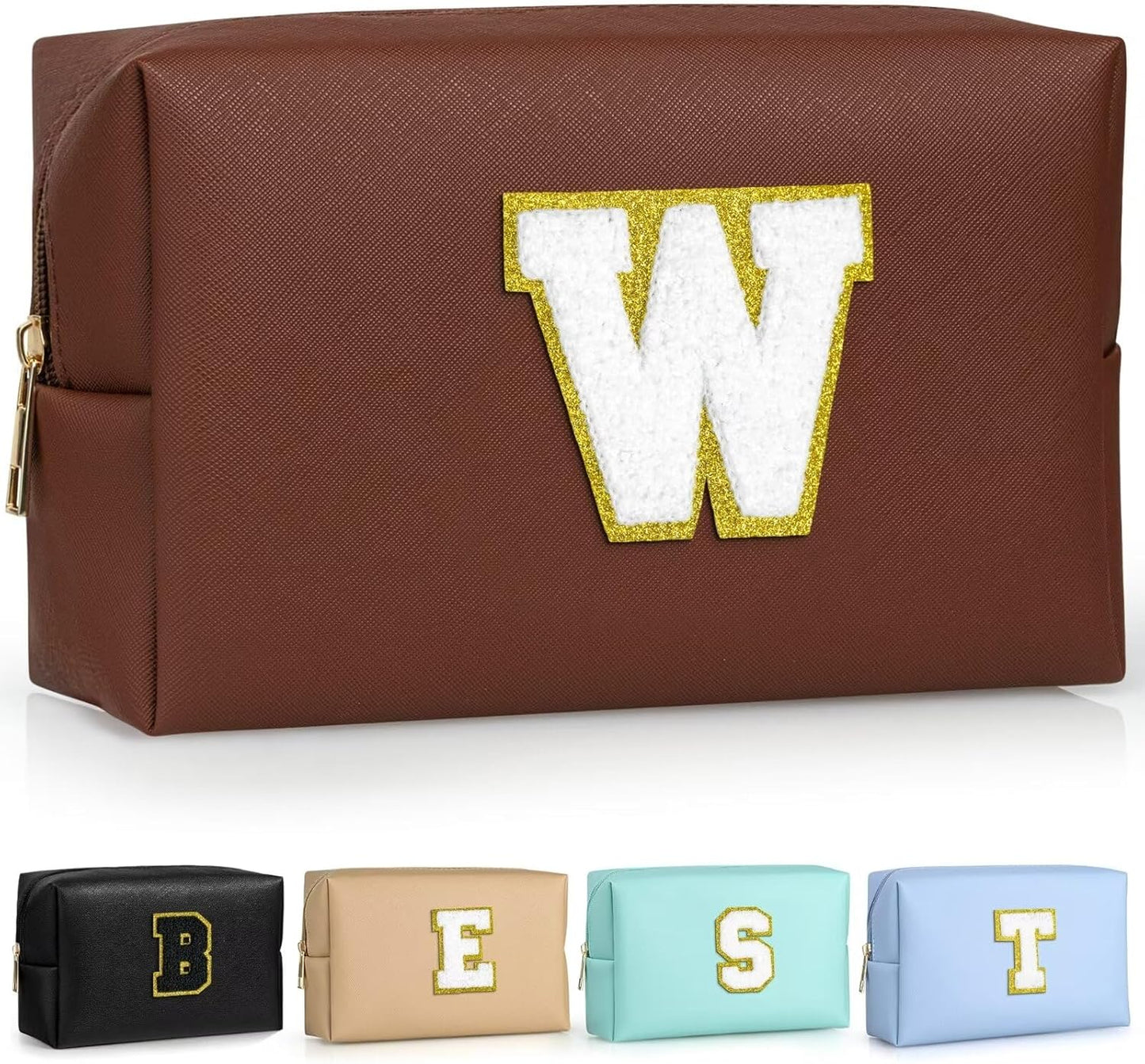 TOPEAST Initial Makeup Bags for Women, Cute Makeup Pouch, Waterproof Travel Toiletry Bag, Personalized Gifts for Girlfriend Wife on Valentine's Day Anniversary, Preppy Stuff Gift for Girl (Brown W)