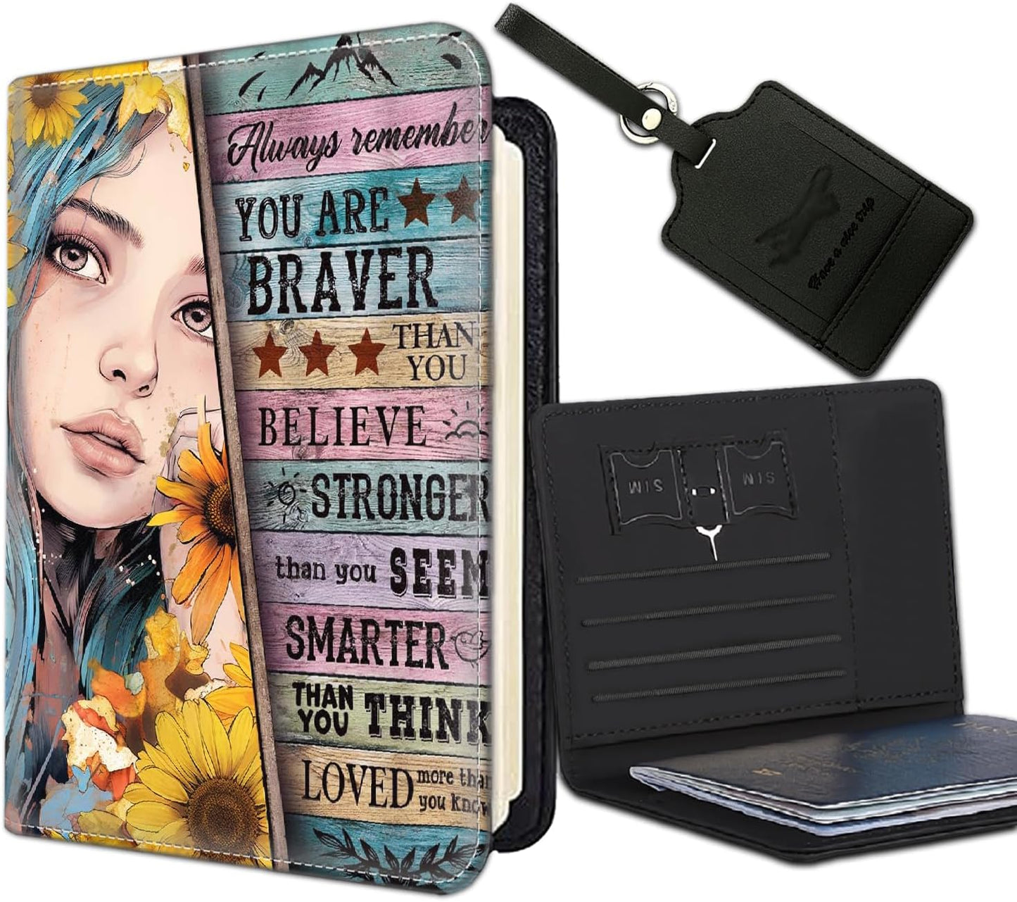 Passport Holder Women Wallet with Luggage Tag, Leather Passport Cover with RFID Blocking, Travel Accessories Multi Card Slot Passport Case for Men，Sunflower Girl Inspirational Quotes