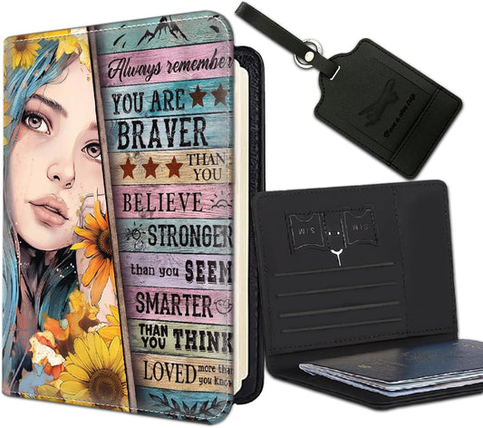 Passport Holder Women Wallet with Luggage Tag, Leather Passport Cover with RFID Blocking, Travel Accessories Multi Card Slot Passport Case for Men，Sunflower Girl Inspirational Quotes