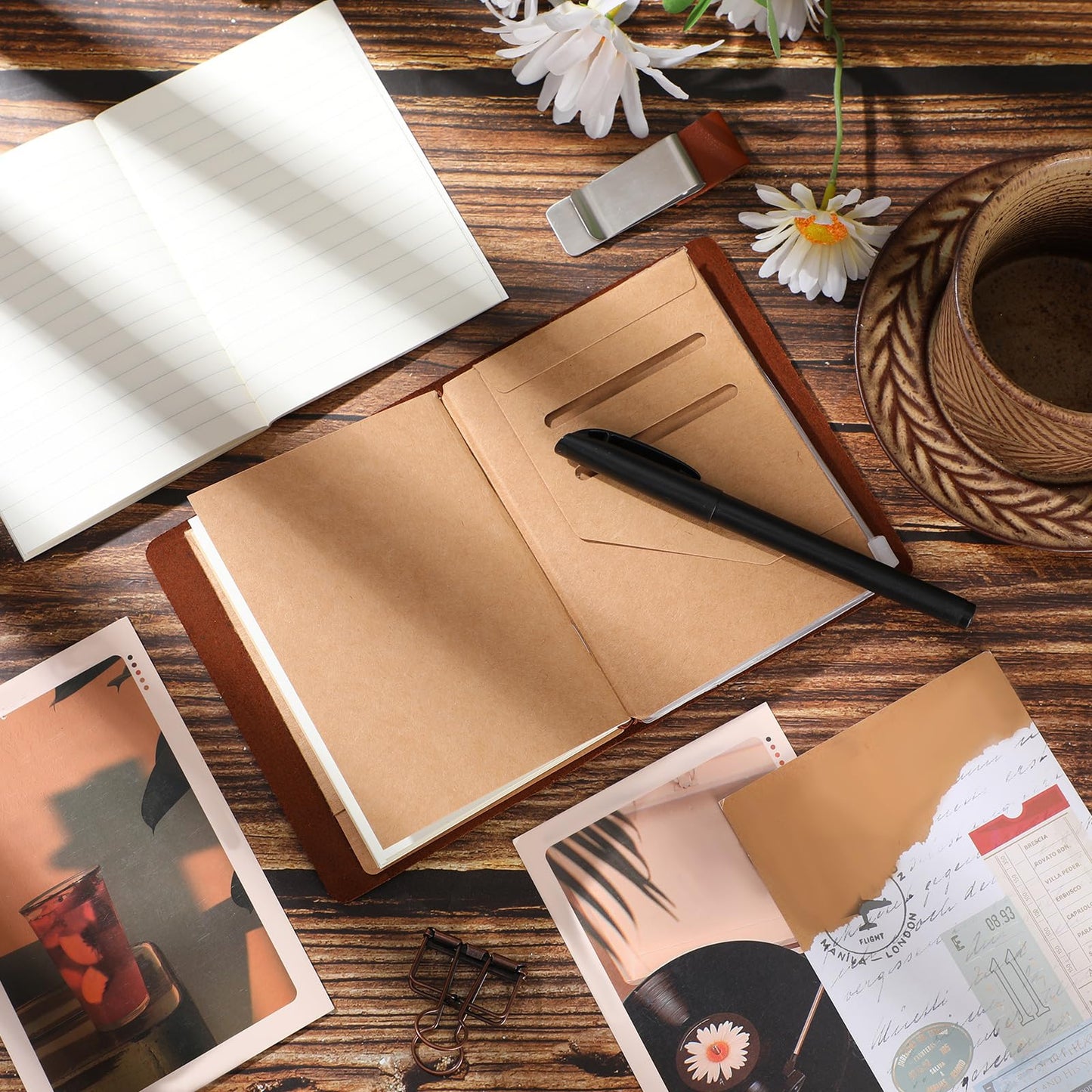 Thenshop Leather Travel Notebook 3 Inserts,Dark Brown,Passport Size