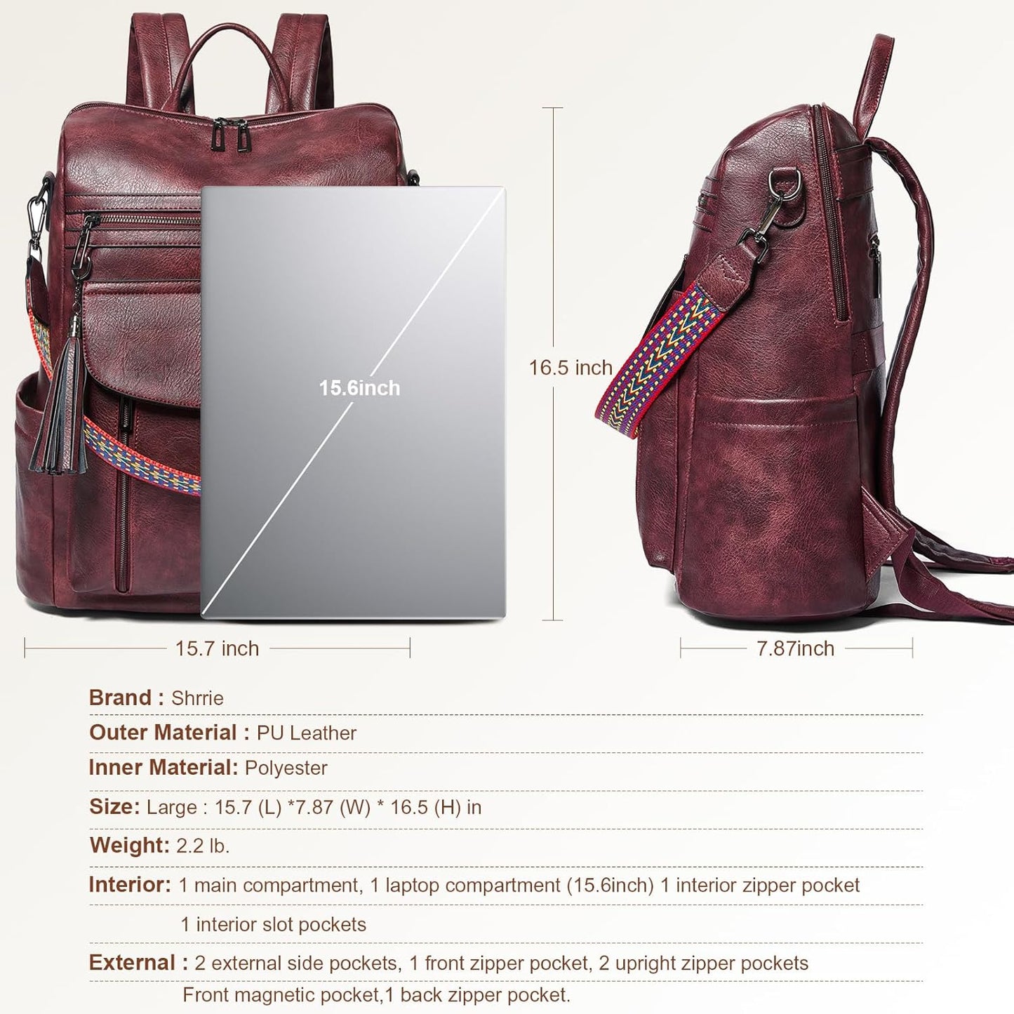 Shrrie Laptop Backpack for Women 15.6 inch,Travel Leather Backpack Purse Nurse Teacher Carry on Backpack Computer Bag,Professional Water-Resistant College Business Work Casual Daypack,Two-tone Maroon