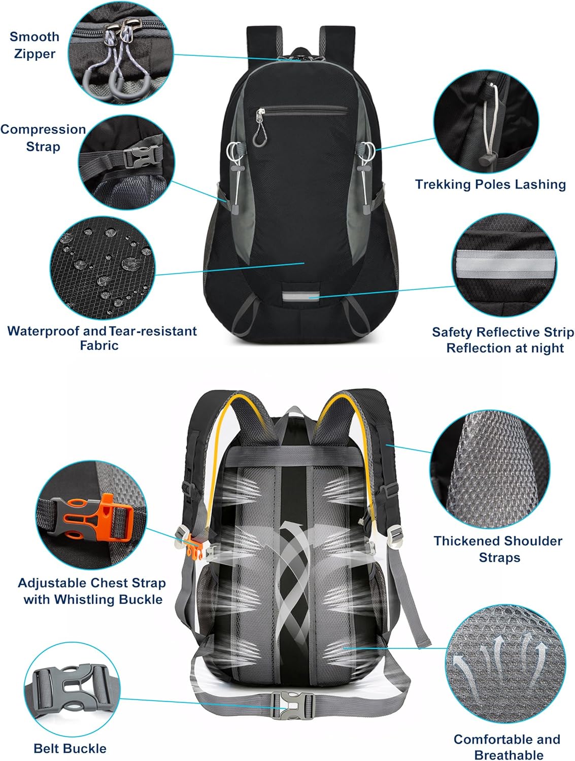 Long Keeper Hiking Backpack Water Resistant Camping Daypack Lightweight Outdoor Sport Backpack for Trekking Climbing Cycling (Black)