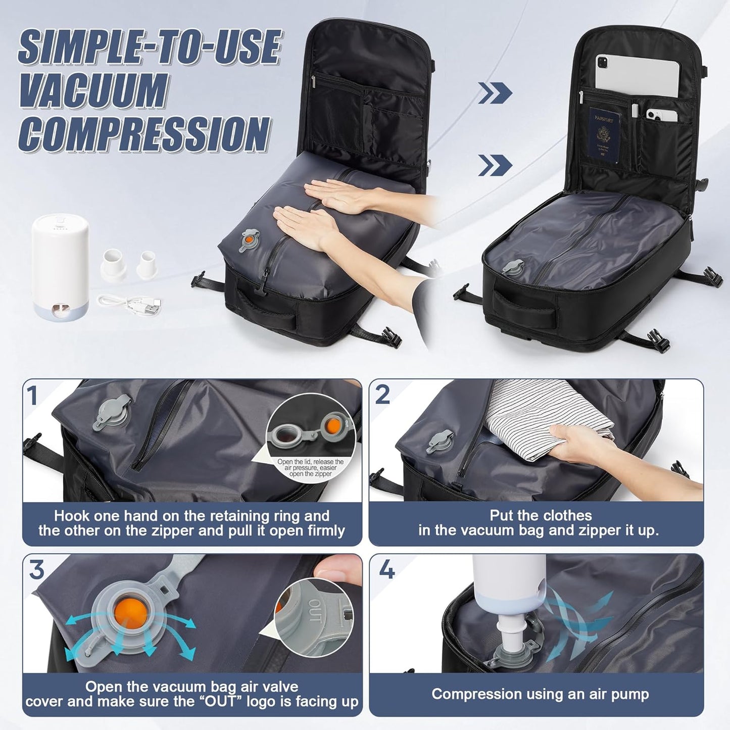 Vacuum Backpack Travel with pump,Large Travel Backpack with Vacuum Seal System,Personal Item Travel Bag Frontier Airlines Approved 18x14x8,Mochila Compresion al Vacio,Laptop Backpacks,Black