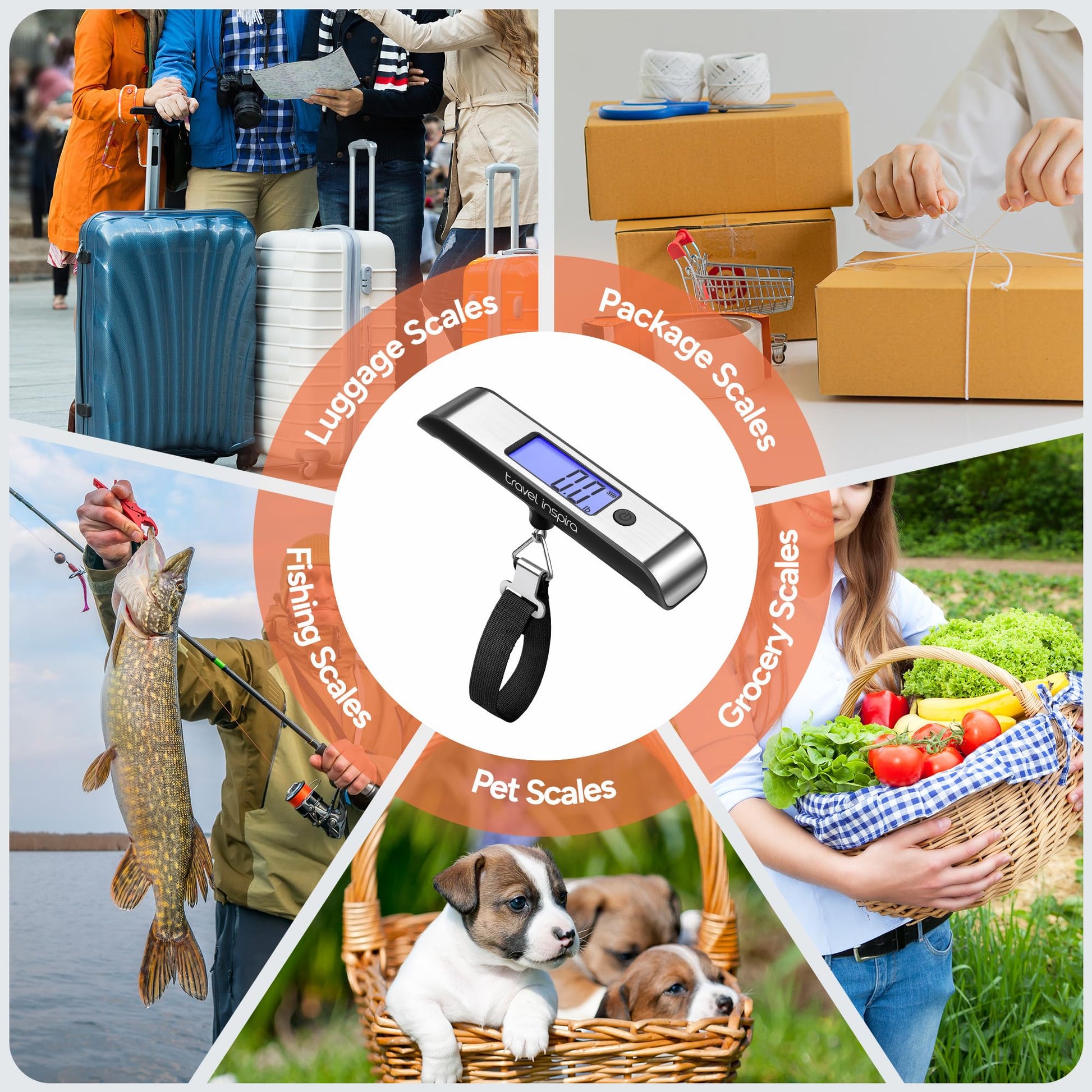 travel inspira Rechargeable Luggage Scale 110lb/50kg - Large Backlit Display - Stainless Steel