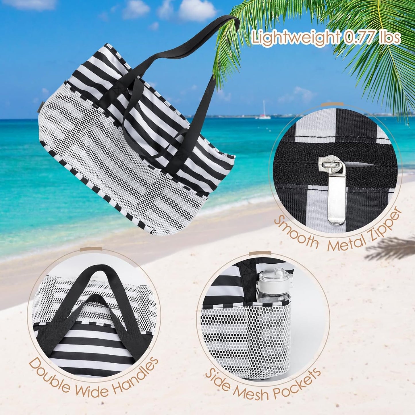 KABAQOO Large Beach Bag Waterproof Sandproof Tote Bag for Women with Zipper & Mesh Pockets for Pool Swim Travel Everyday