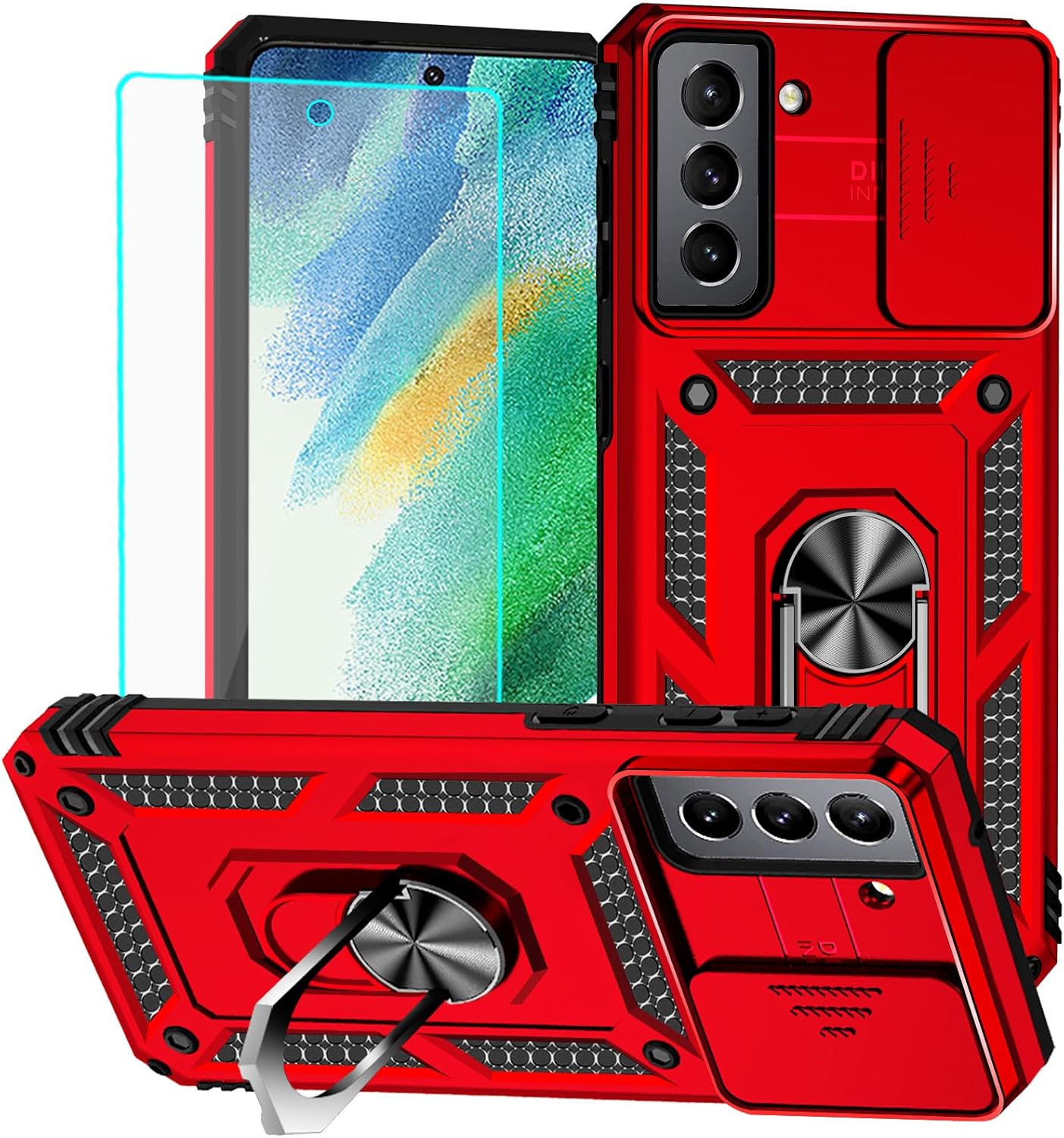 for Samsung S21 FE Case with Screen Protector: [Military Grade 20ft. Drop Tested] Ring Shockproof Protective Phone Case for -Samsung Galaxy S21 FE (Red)