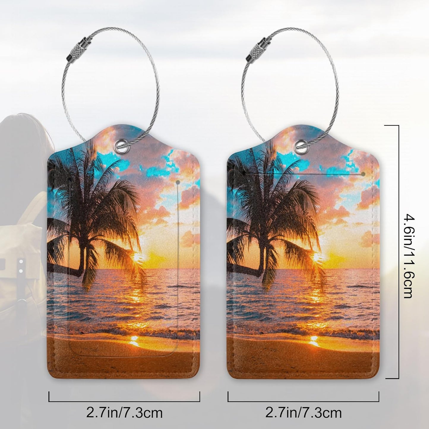 Tropical Palm Luggage Tags Set of 2 Leather Luggage Tags Privacy Cover Suitcase Label with Stainless Steel Loop for Women/Men Travel,Sunset Trees Sea Beach