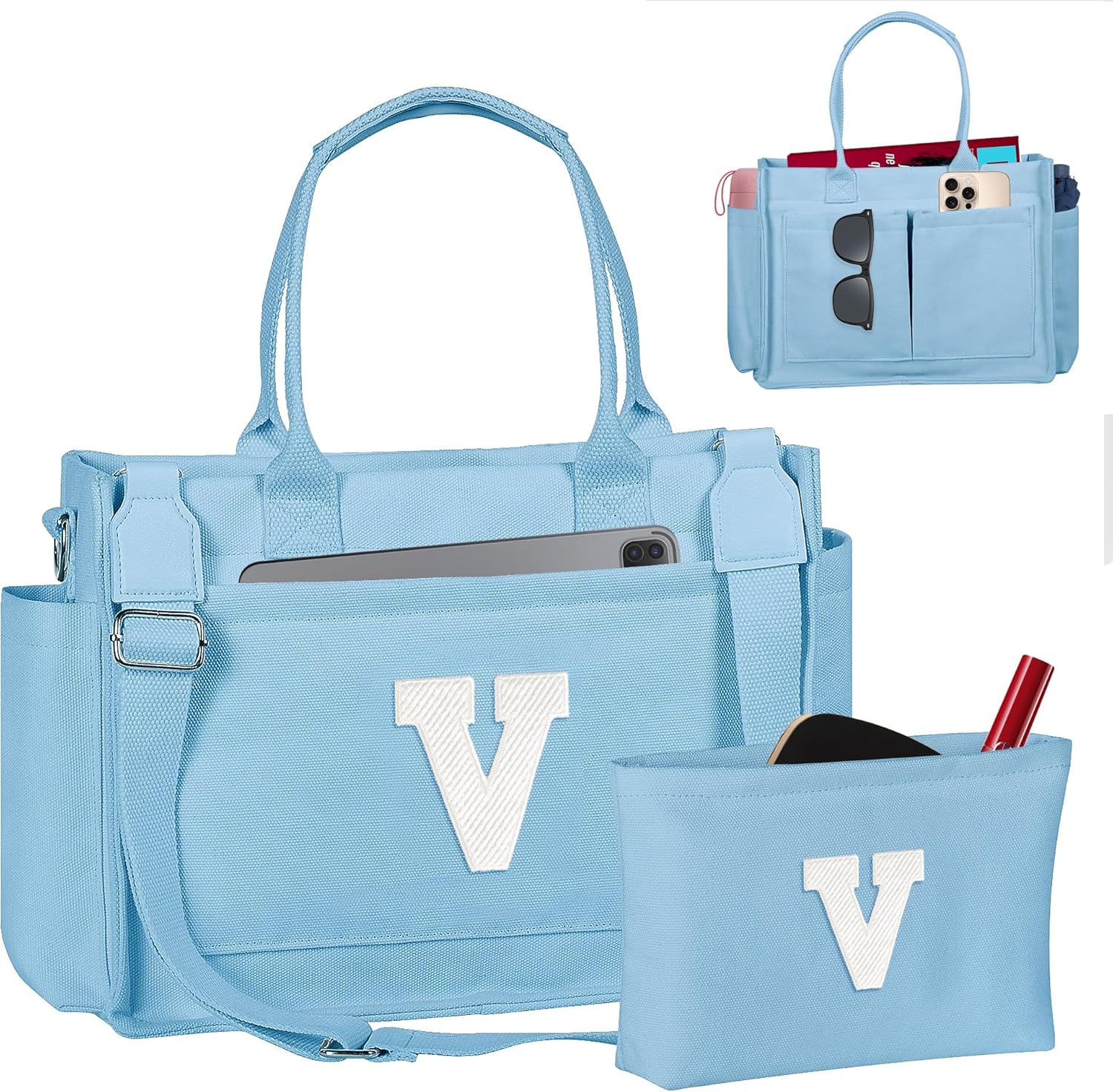 Gifts for Women Teen Girls, Initial Tote Bag with Zipper, Letter Canvas Tote Purse for College Work