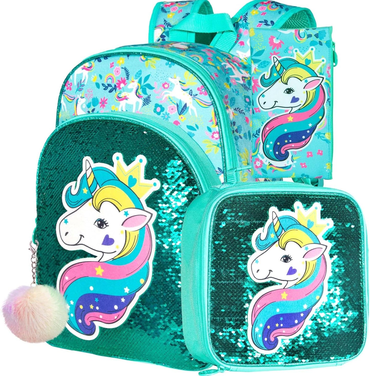 3PCS Girls Backpack, 16" Sequin Prechool Elementary Bookbag and Lunch Box