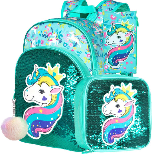 3PCS Girls Backpack, 16" Sequin Prechool Elementary Bookbag and Lunch Box