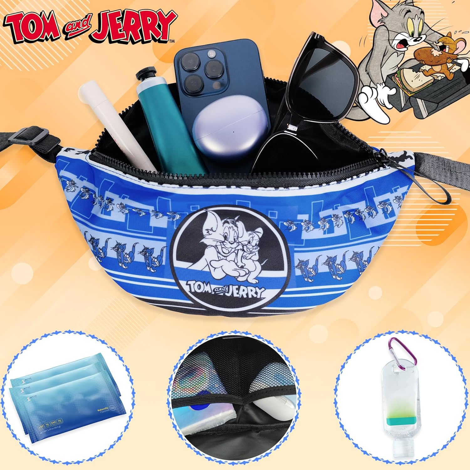Tom & Jerry Fanny Pack Kids, Cartoon Small Waist Bag Lightweight Funny Waist Pack for Travel, Daily