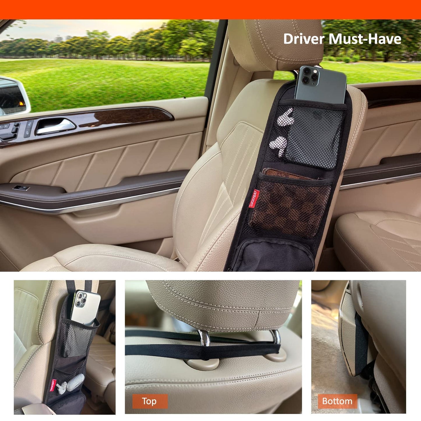 Luckybay Car Seat Side Organizer, Auto Seat Storage Hanging Bag, Phones, Drink, Stuff Holder with