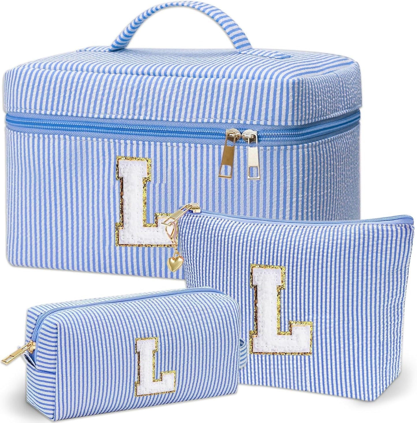 Personalized Monogram Makeup Bag, 3PCS Custom Monogrammed Toiletry Cosmetic Bag for 6-18 Teen Girls Women,Birthday Graduation Gifts Initial Pouch Makeup Bags for Women Girls, Make Up Bag (L, Blue)