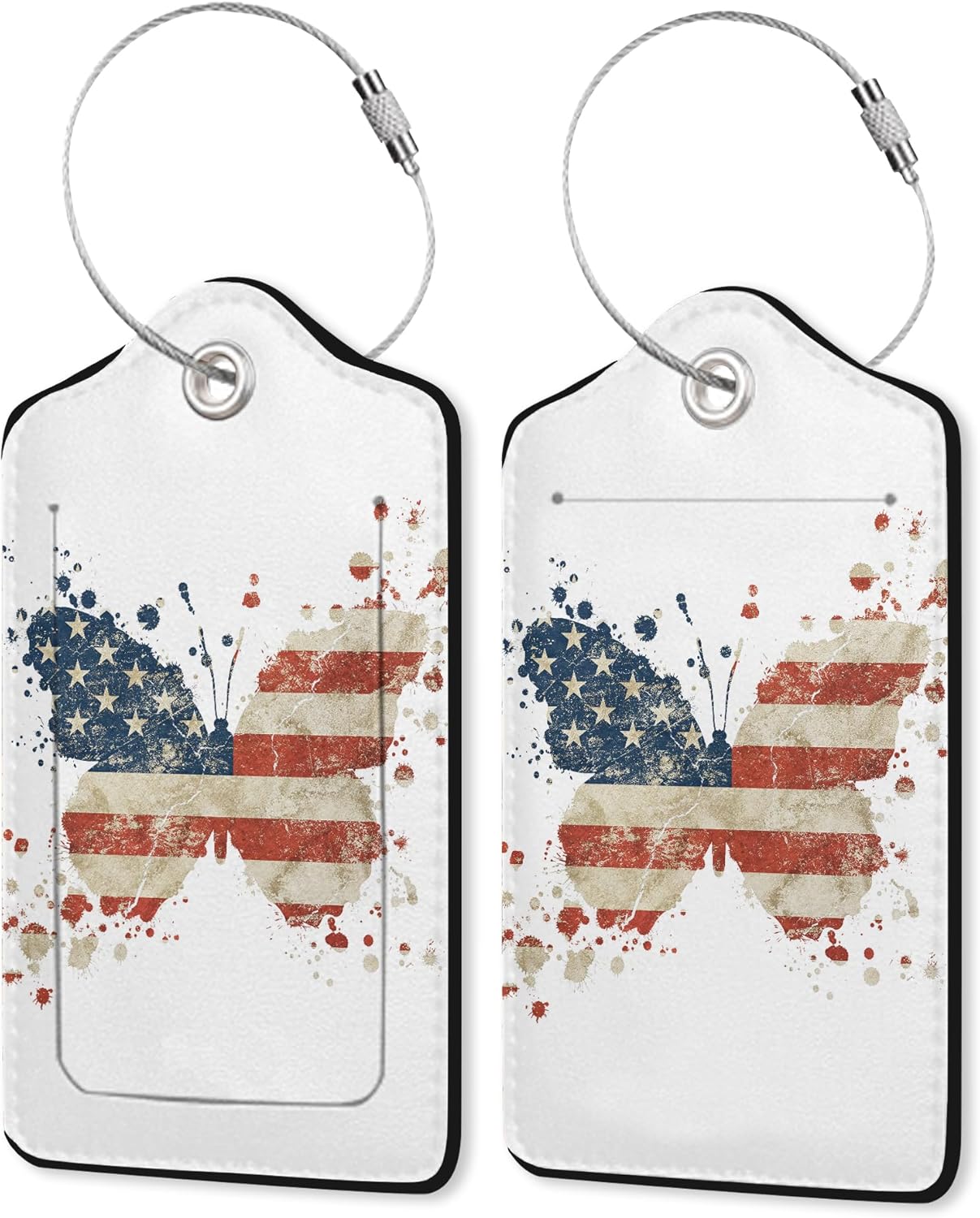 2 Pack Leather Luggage Tag for Suitcase American Flag Watercolor Butterfly Unique Travel Tags with Privacy Cover ID Label & Stainless Steel Loop for Men and Women Baggage