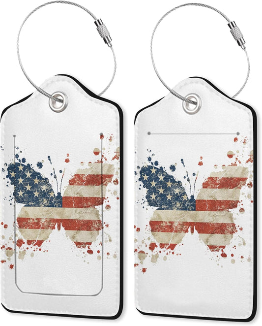 2 Pack Leather Luggage Tag for Suitcase American Flag Watercolor Butterfly Unique Travel Tags with Privacy Cover ID Label & Stainless Steel Loop for Men and Women Baggage