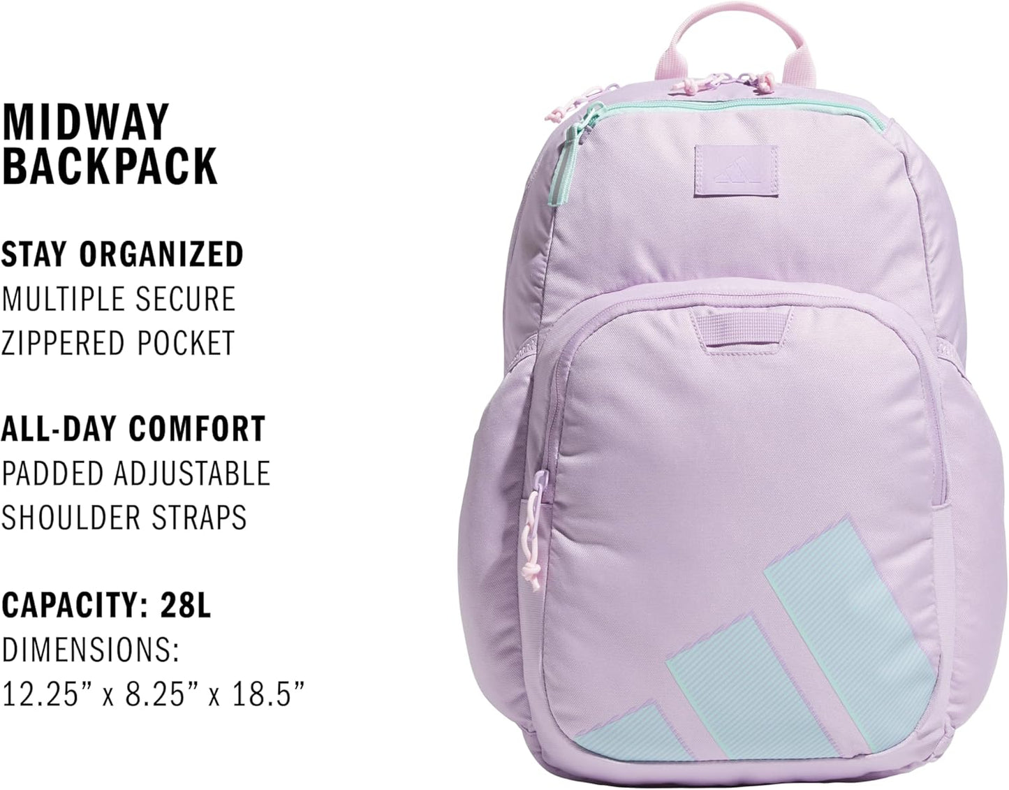 adidas Midway Small Backpack for Women and Men, Durable Laptop Bag, Powder Plum Purple/Clear Pink/Semi Flash Aqua Blue, One Size