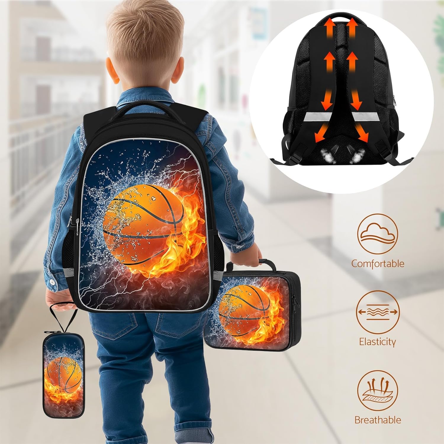 School Backpack for Boys - 4pcs American Football Boys Backpack with Lunch Box Set for Kids