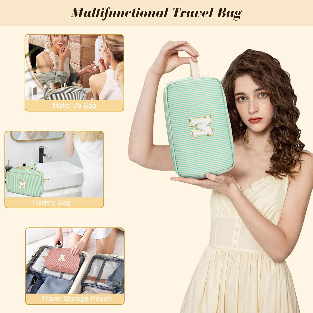 Travel Makeup Bag Christmas Gifts for Women Girl Teens, Personalized Initial Makeup Bag for Cute
