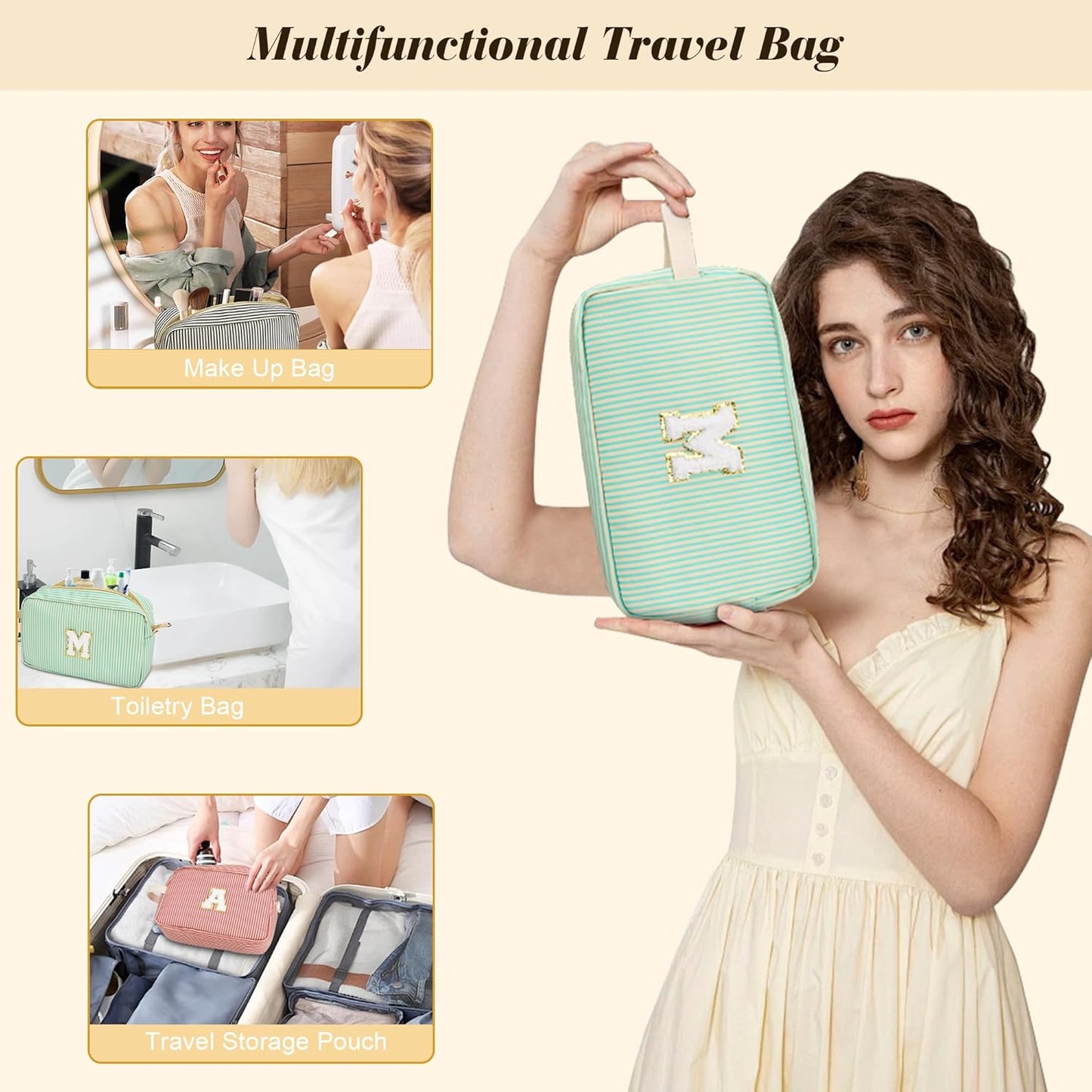 Travel Makeup Bag Christmas Gifts for Women Girl Teens, Personalized Initial Makeup Bag for Cute